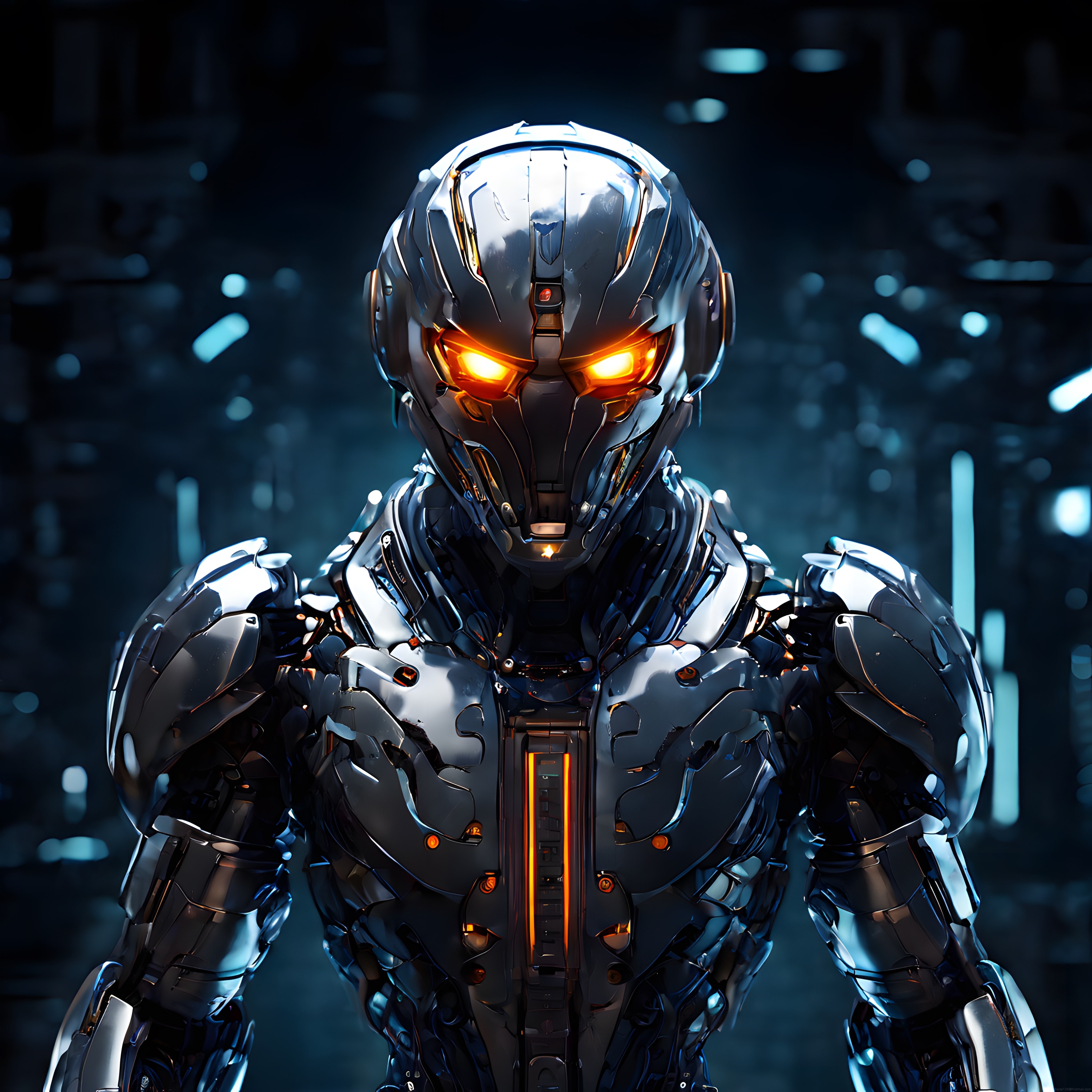 Parlayan Turuncu Gözlü Gümüş Cyborg Zırh: Geleceğin Teknolojik Savaş Makinesi