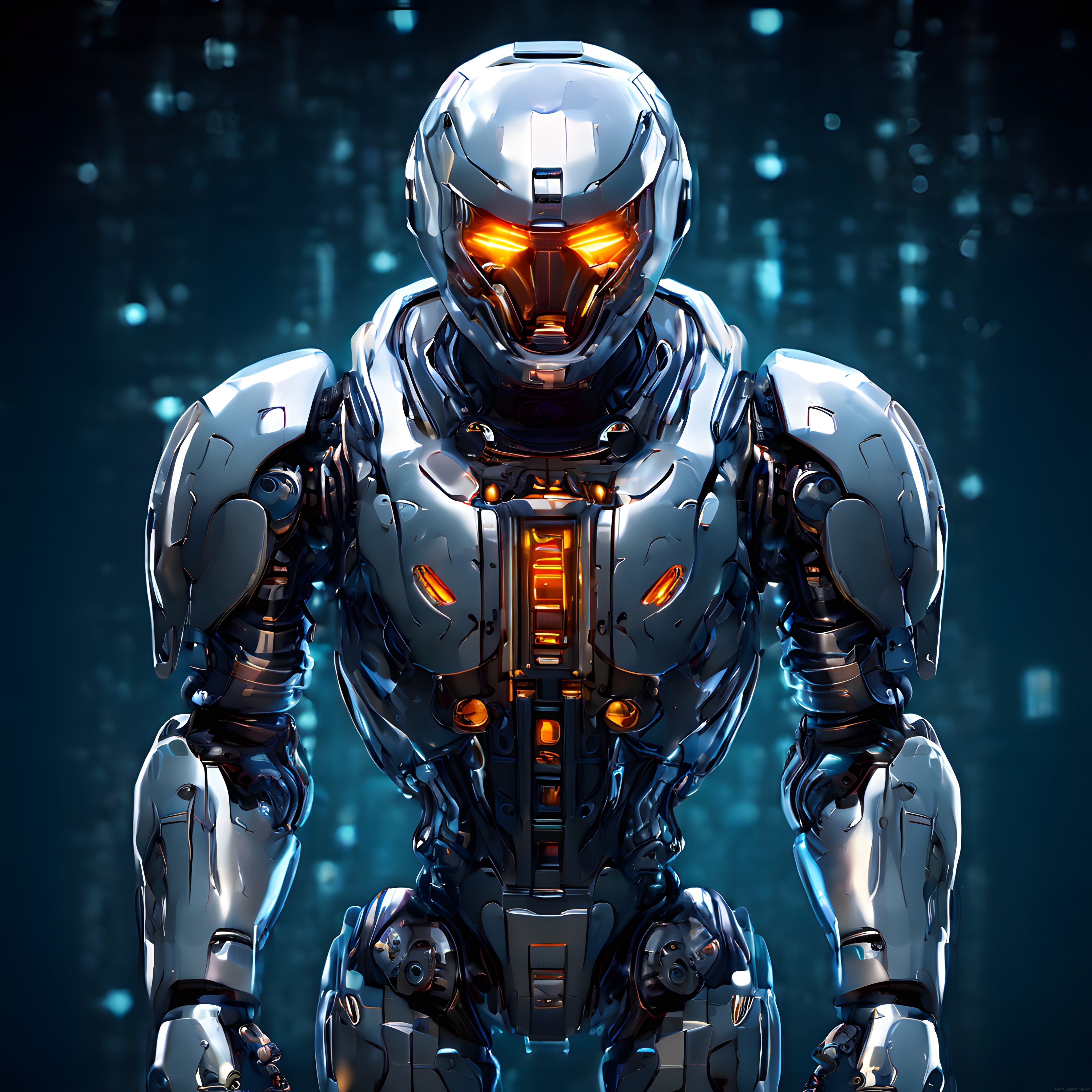 Parlayan Turuncu Led Gözlere Sahip Beyaz Gelecekçi Robot Portresi