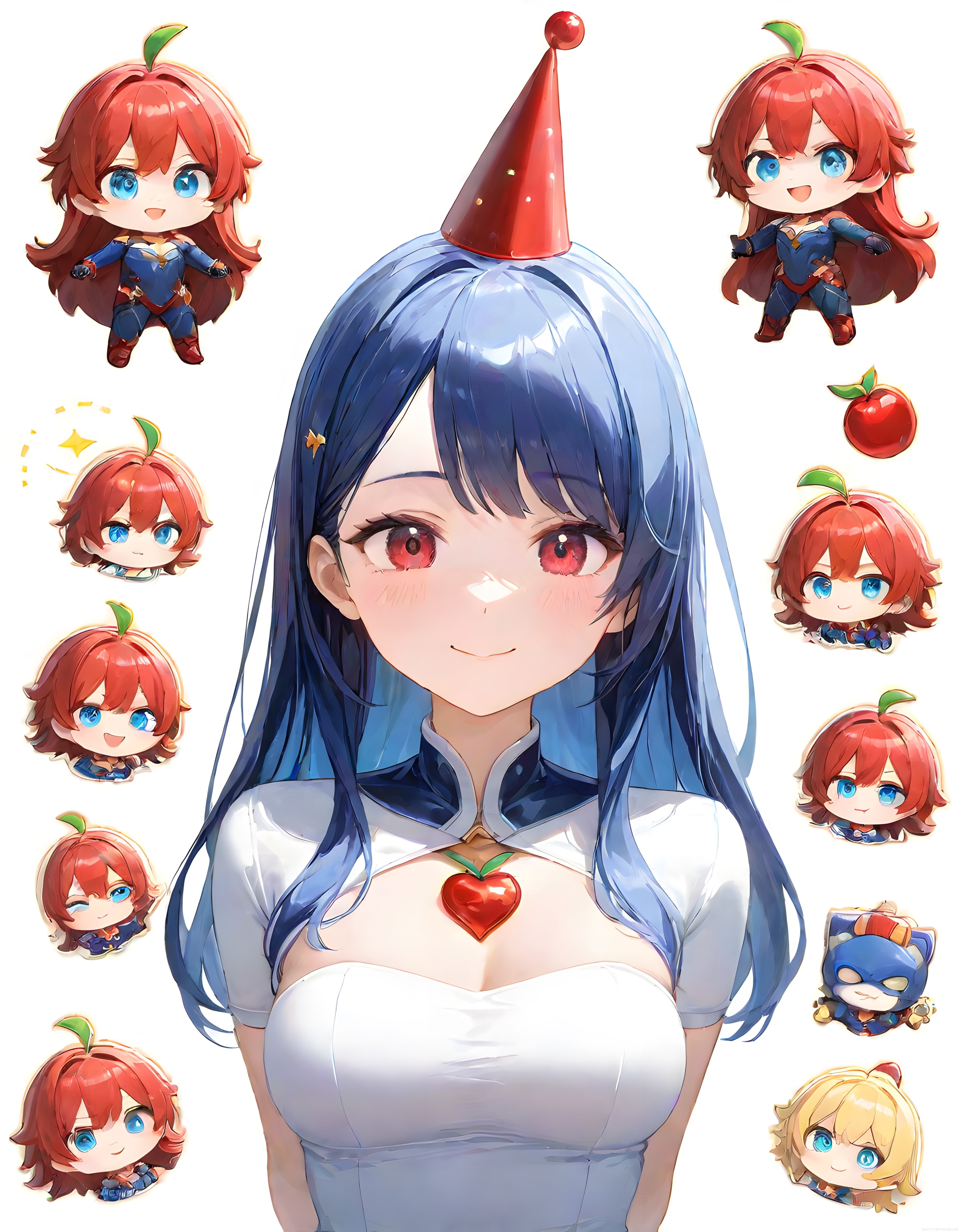 Parti Şapkalı Anime Kız ve Etrafını Süsleyen Neşeli Chibi Karakter Figürleri