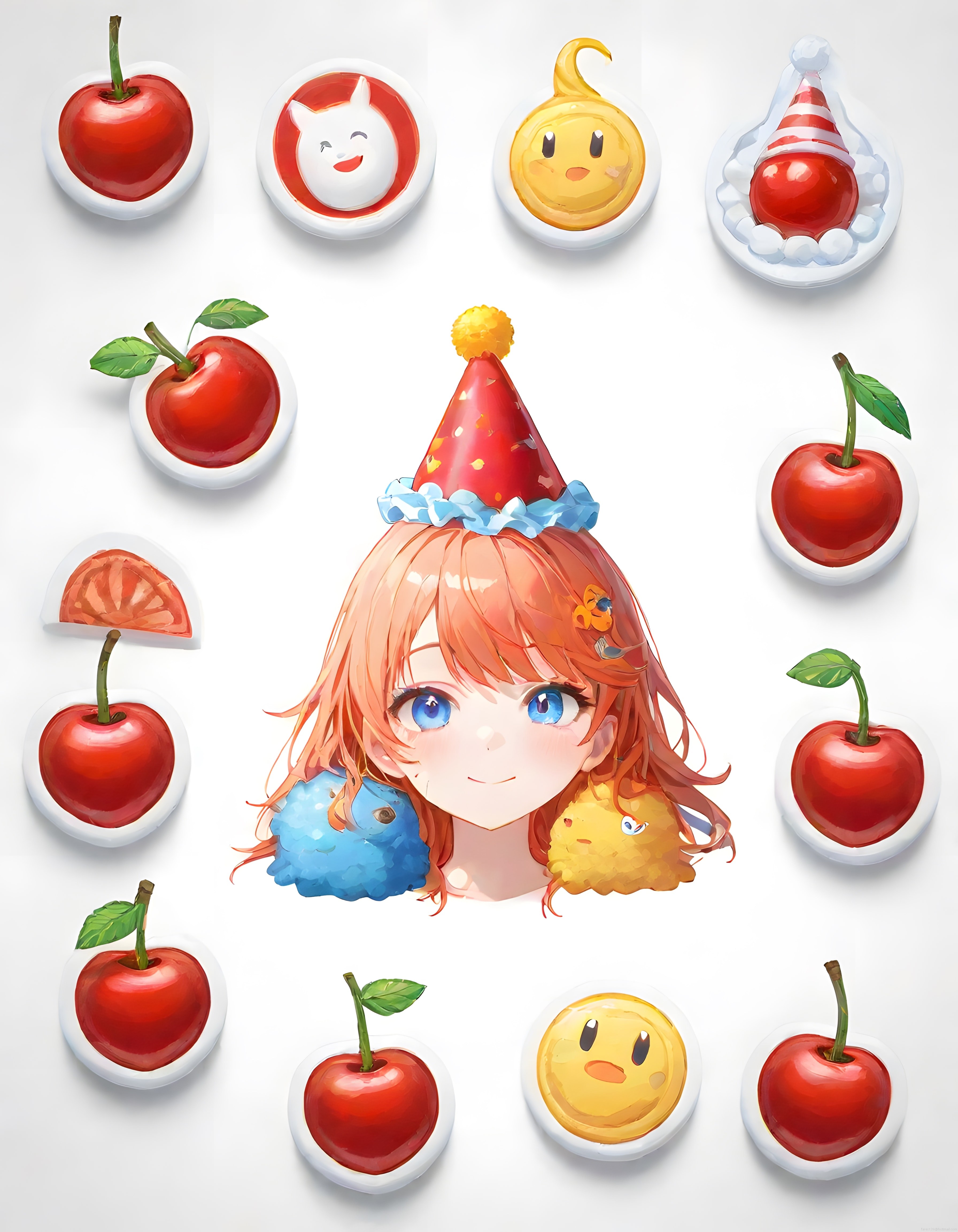 Parti şapkalı anime kızı ve etrafındaki kirazların sevimli dijital illüstrasyonu