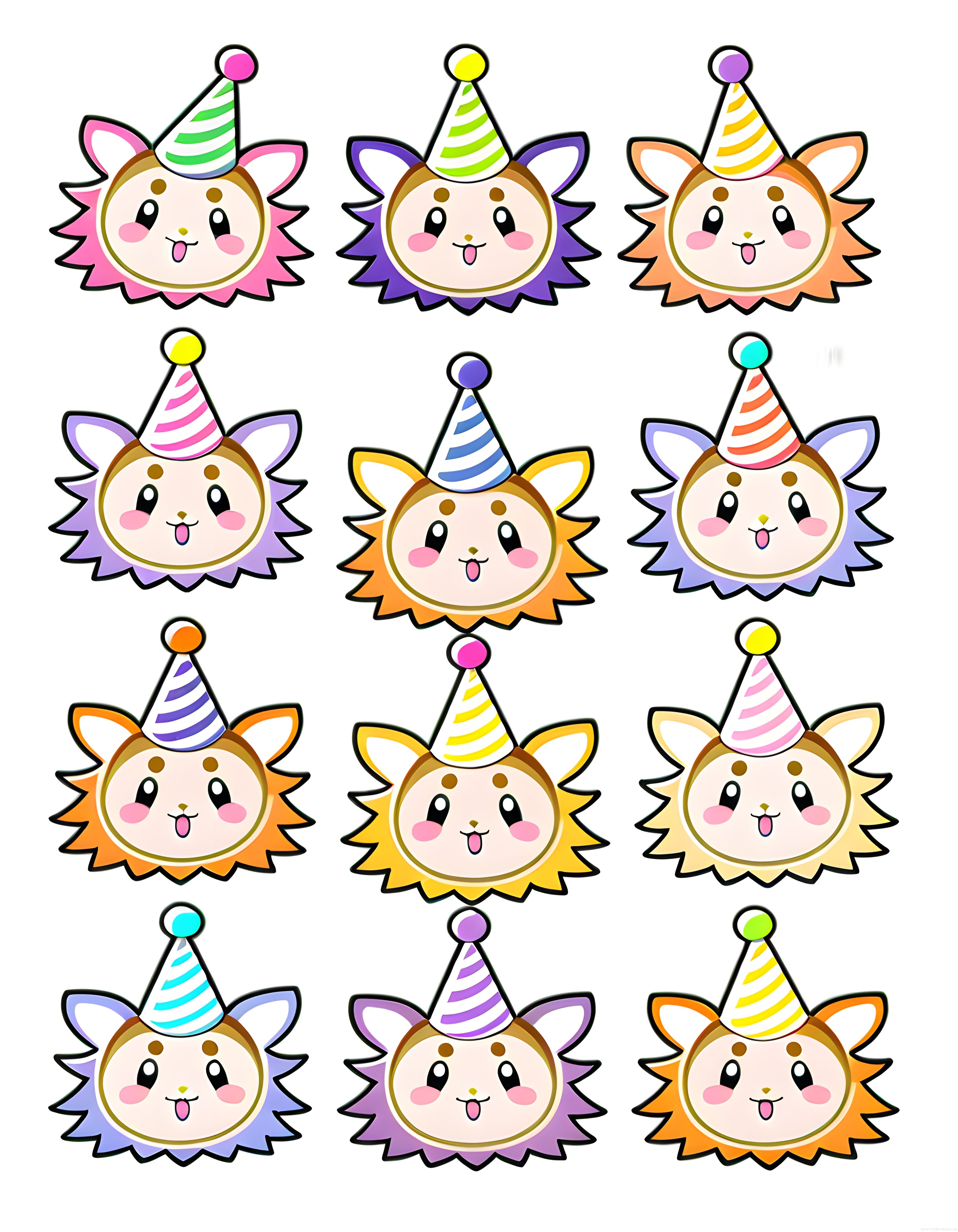 Parti Şapkalı Sevimli Aslan Yüzleri: Renkli Kawaii Doğum Günü Sticker Koleksiyonu