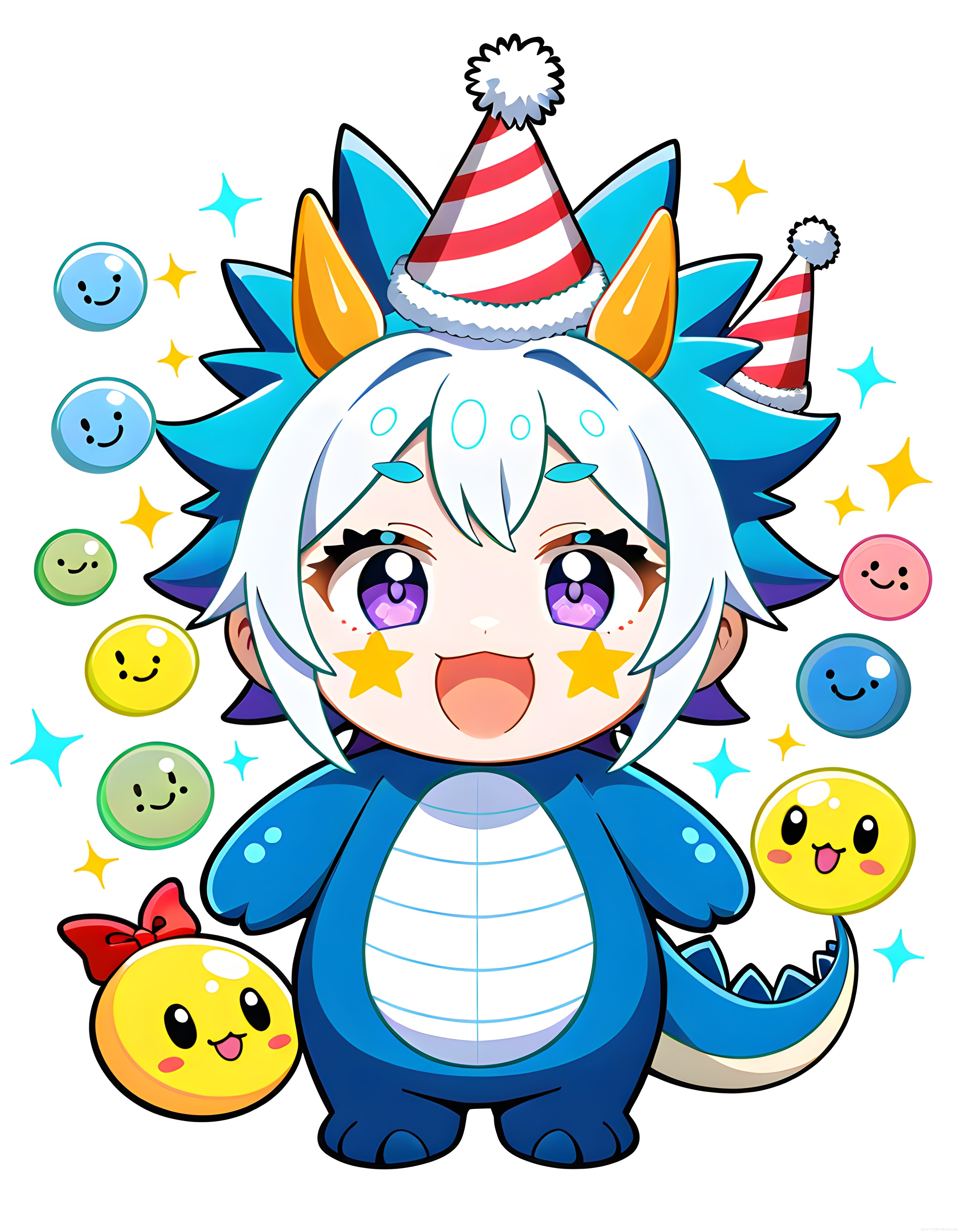 Parti Şapkası Takan Mavi Saçlı Chibi Anime Karakteri ve Neşeli Kutlama Balonları