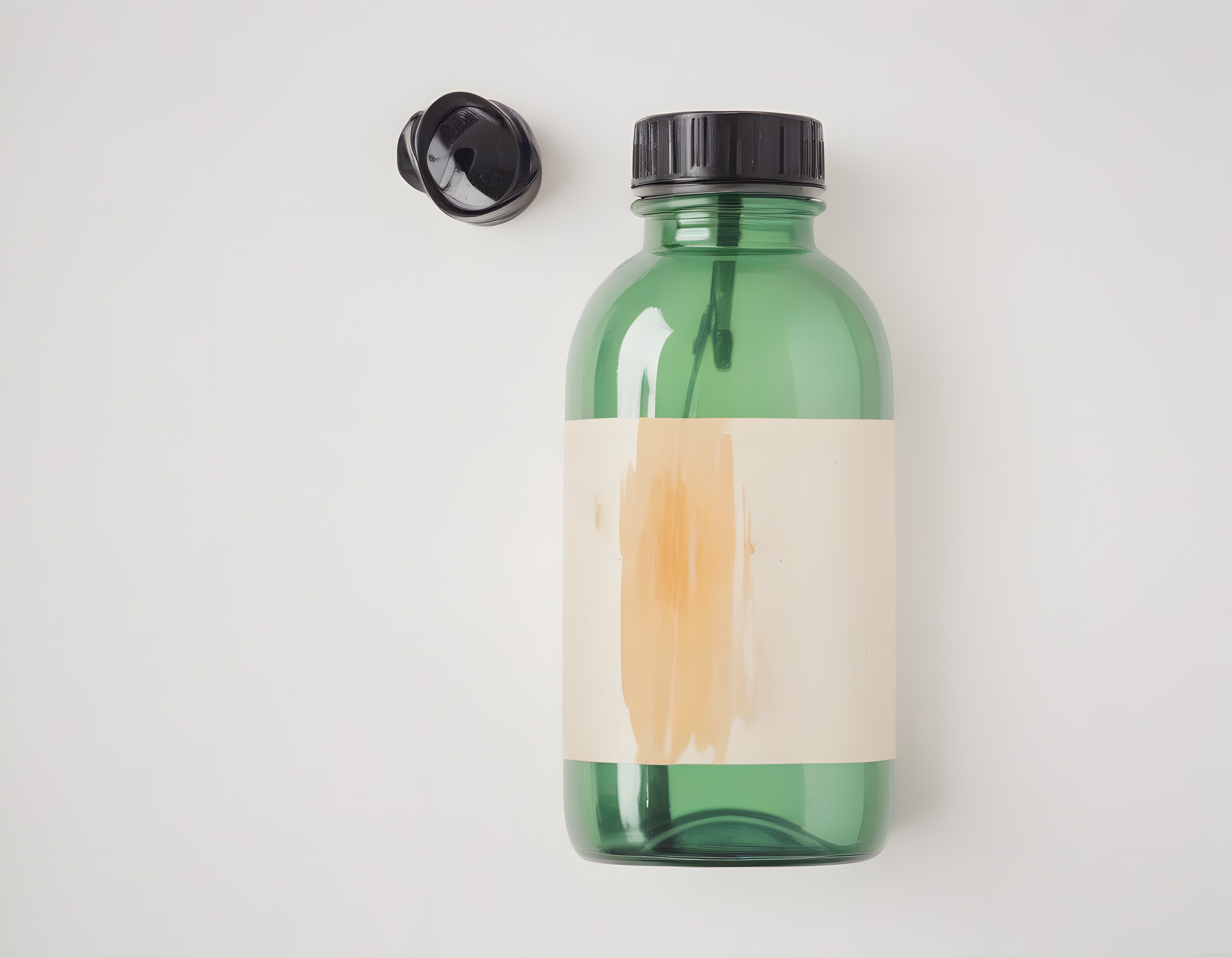 Pas Lekeli Etiketli Yeşil Cam Şişe ve Siyah Kapaklı Minimalist Ürün Fotoğrafı