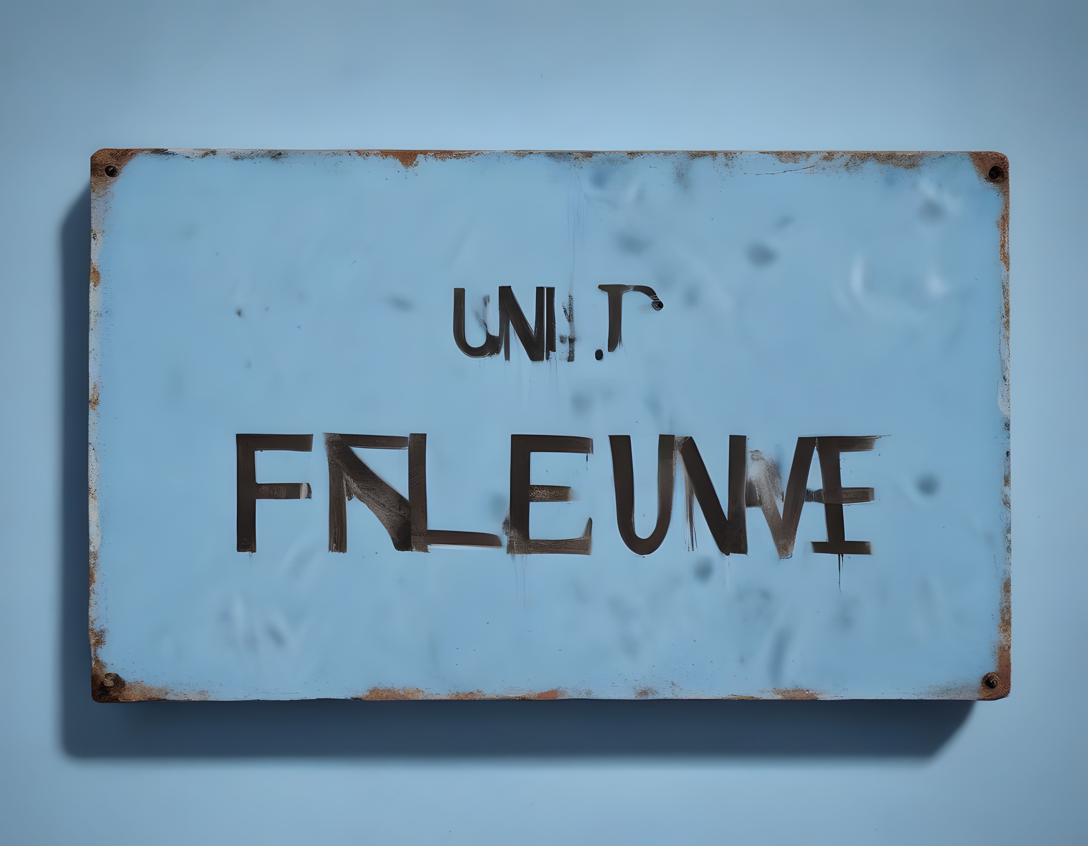 Paslanmış Metal Levhada Soyut Tipografi: UNIT FNLEUNME Sanatsal Duvar Dekoru