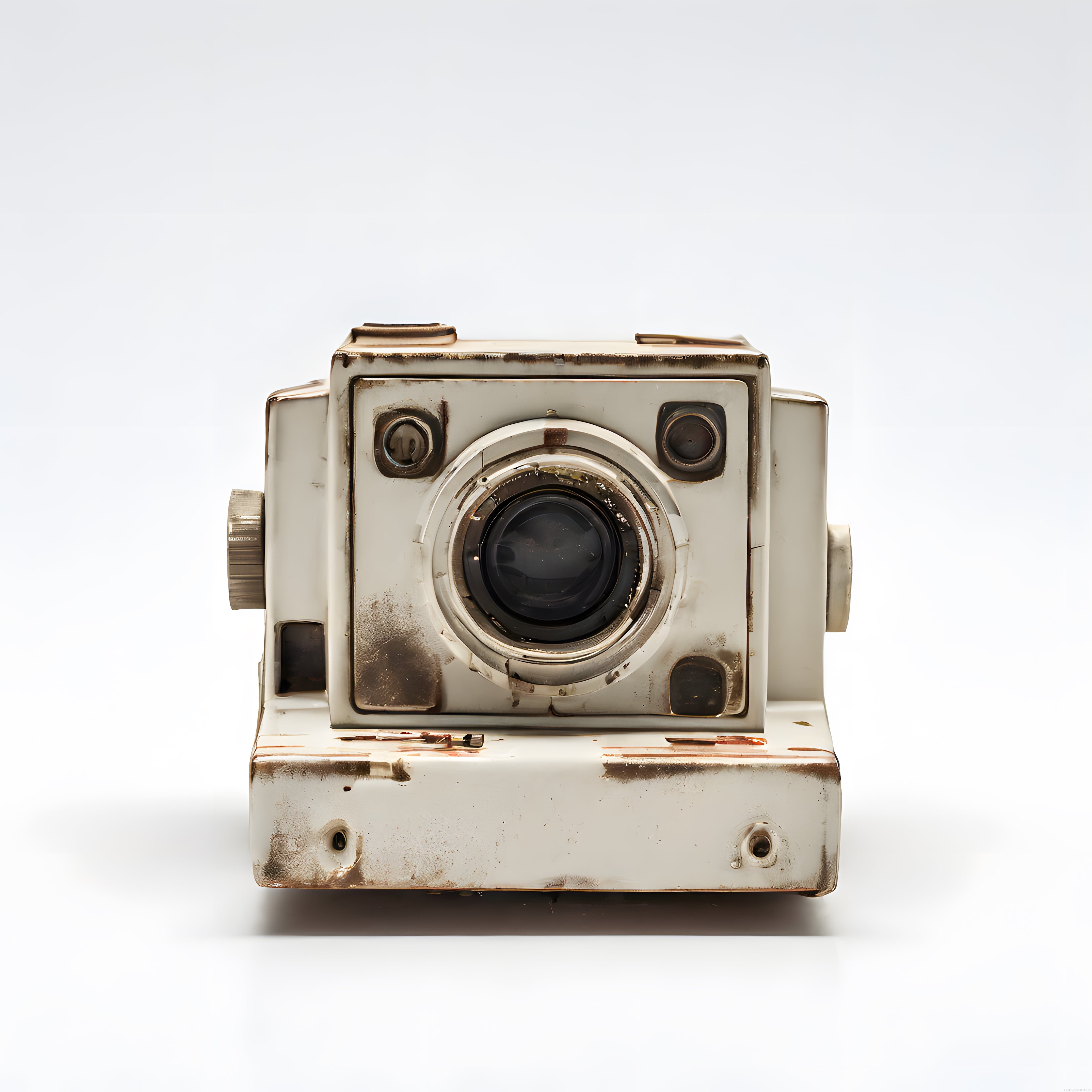 Paslı Vintage Kamera: Beyaz Arka Planda Nostaljik Fotoğraf Makinesi Still Life Çekimi
