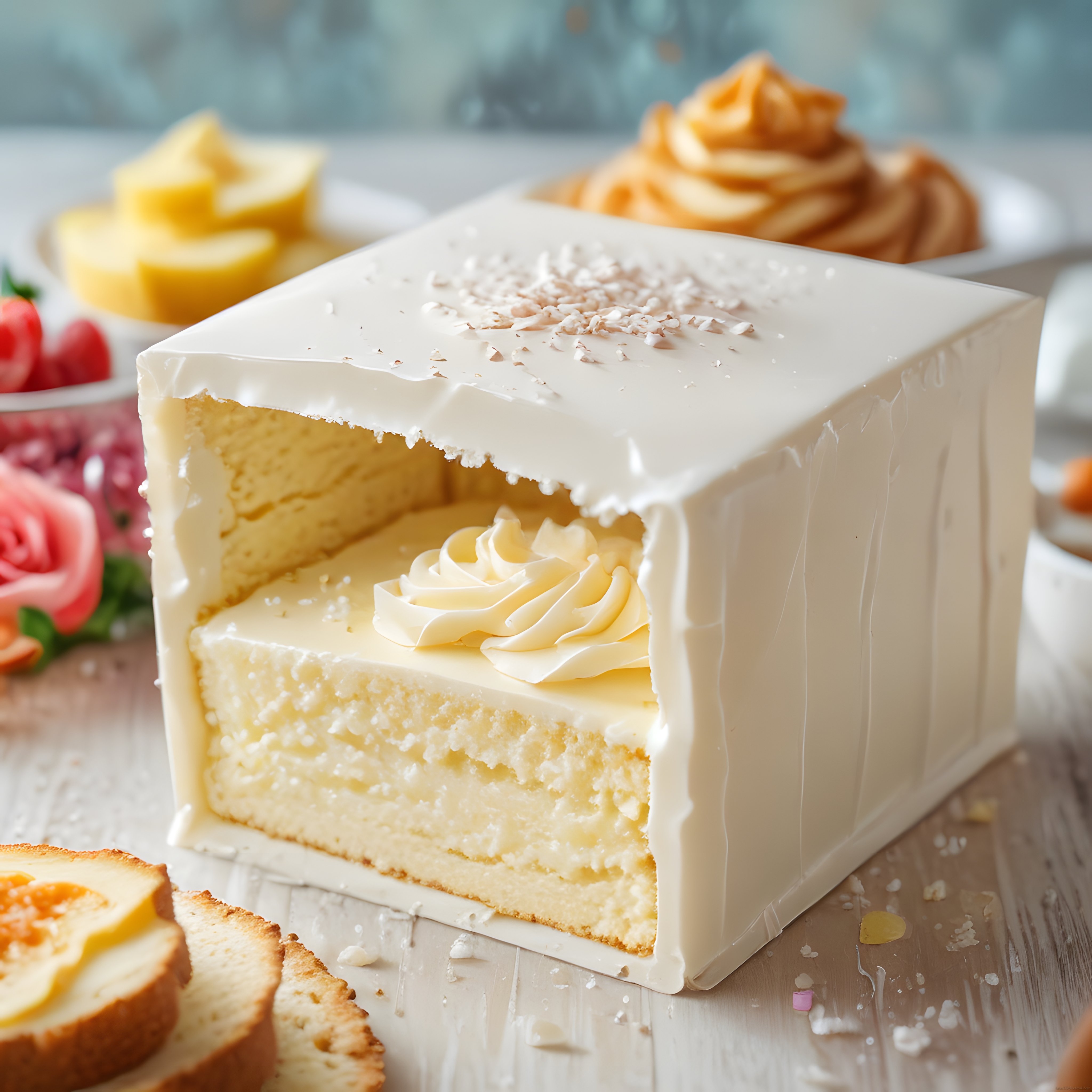 Pastane Konseptinde Hindistan Cevizli Kremalı Katlı Pasta ve Tatlı Sunumu