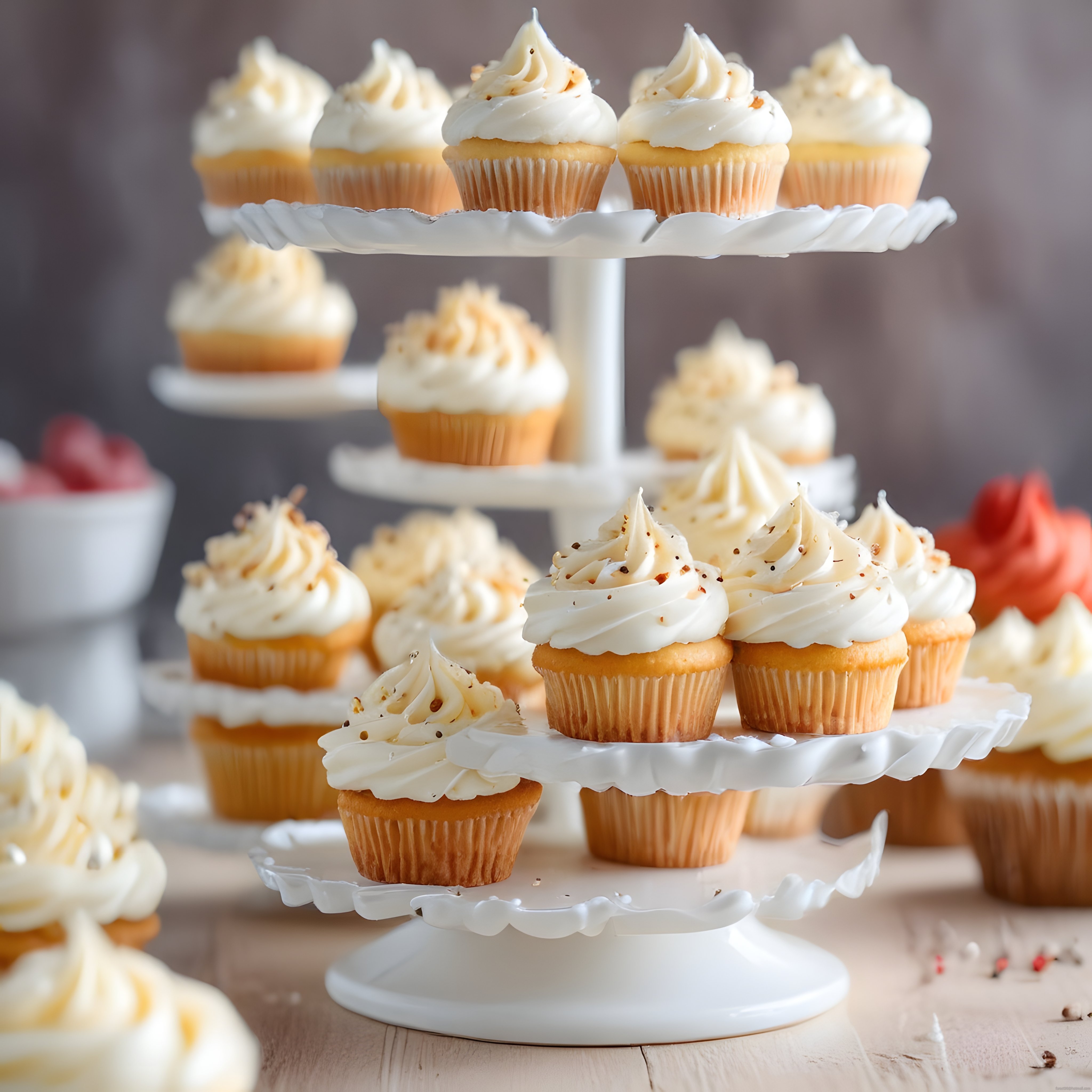 Pastane rafında kremalı cupcake'ler ve şık bir tatlı masası kompozisyonu