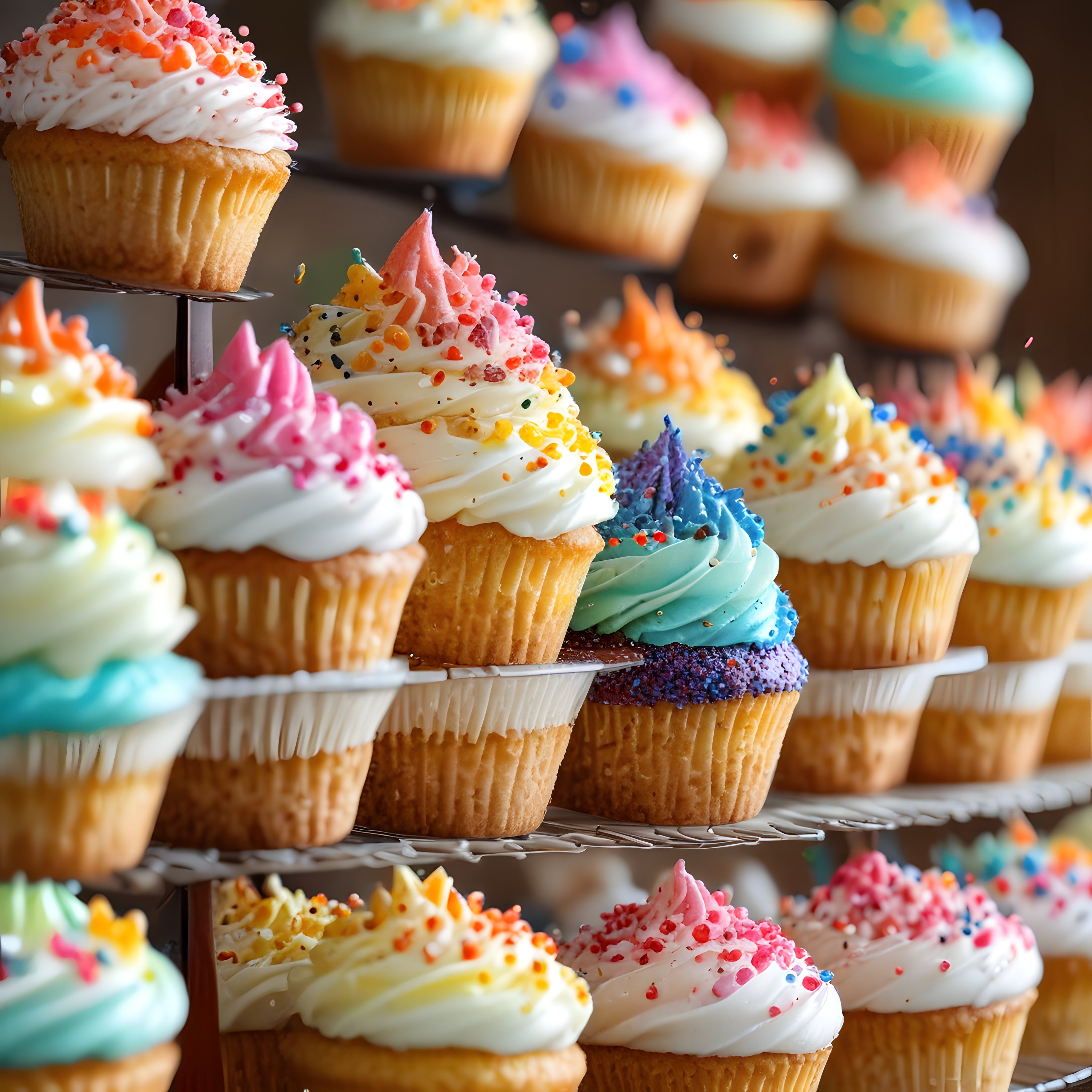 Pastane Standında Gökkuşağı Renklerinde Süslenmiş Nefis Cupcakeler