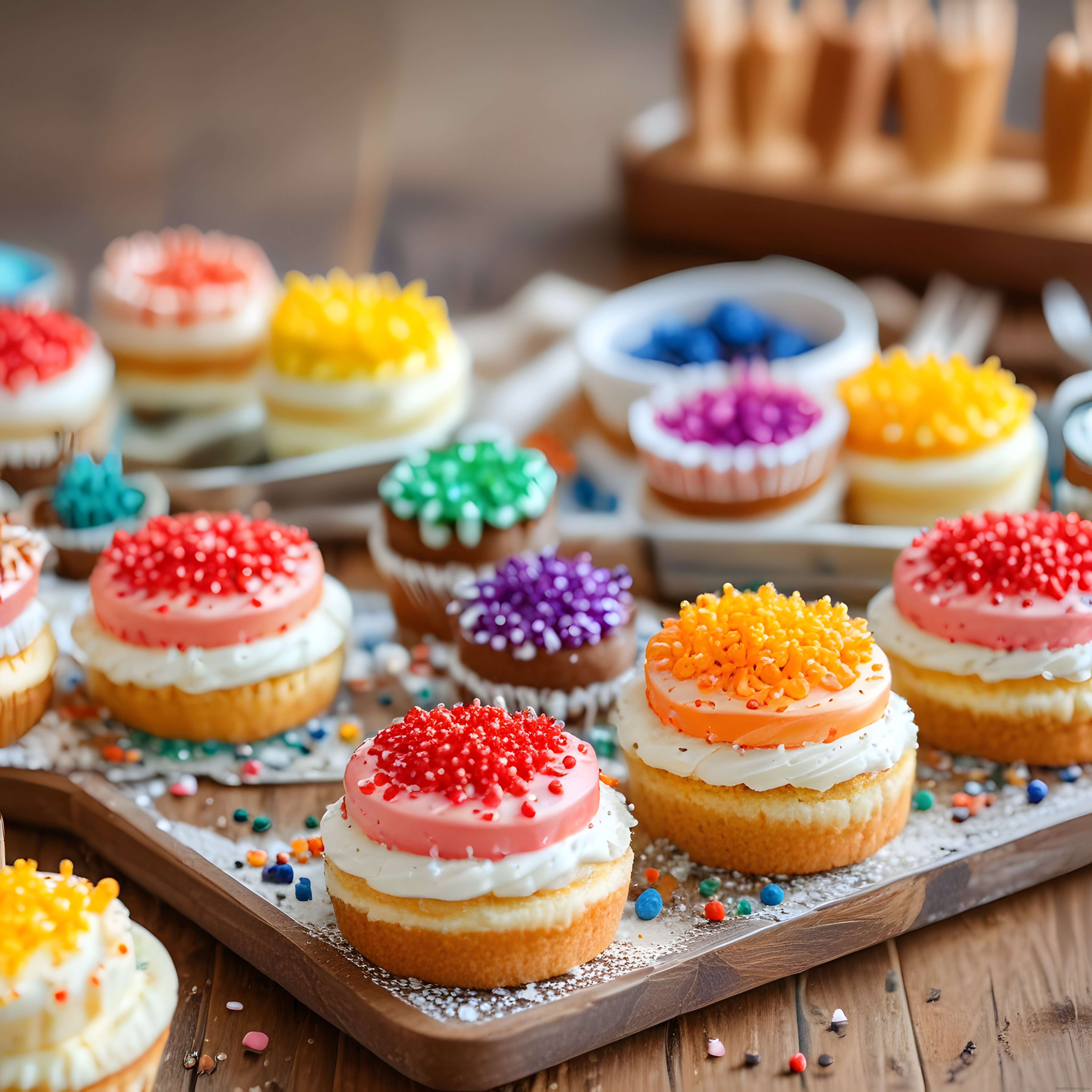 Pastane stilinde renkli kapkek ve mini kek sunumu, tatlı masası düzeni