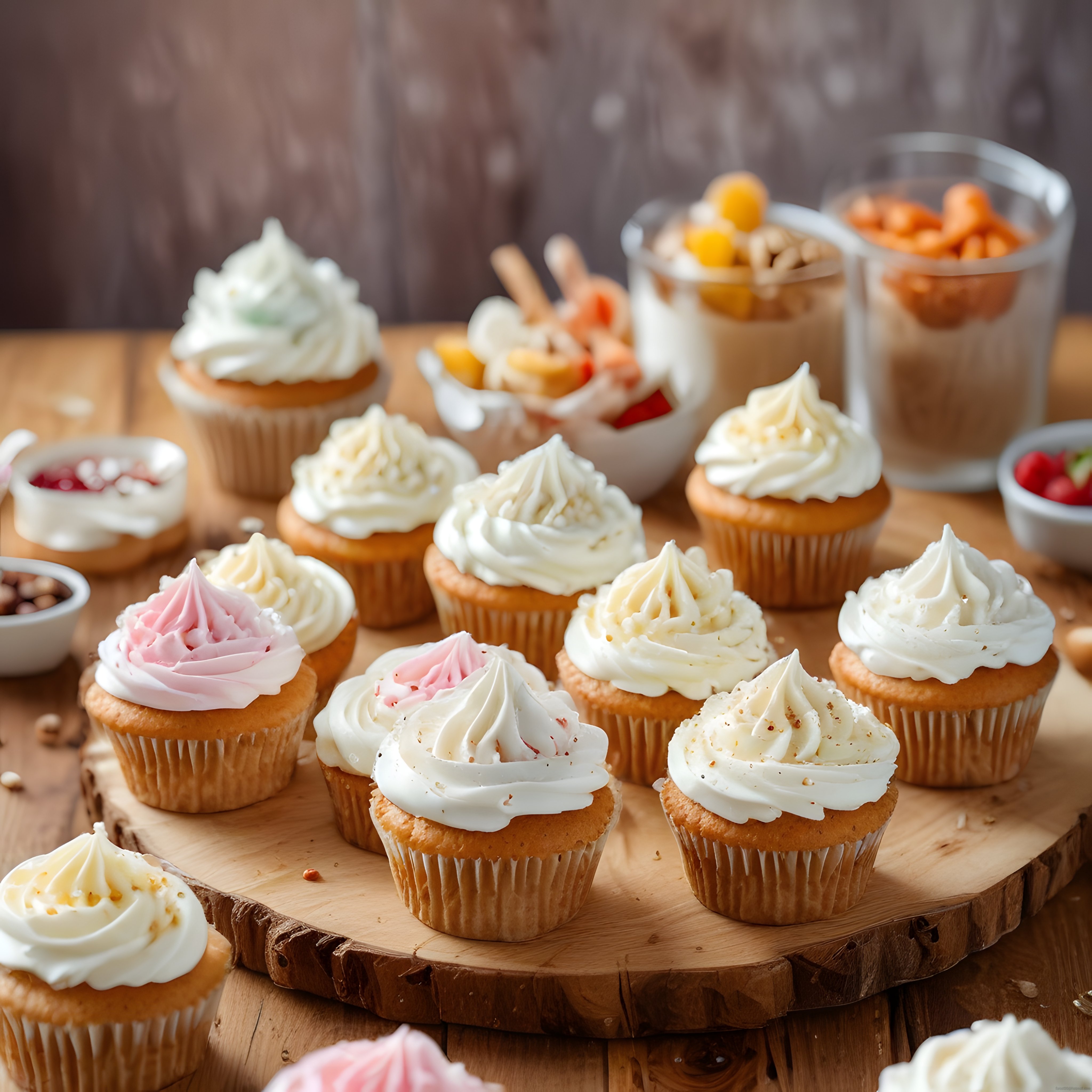 Pastane Sunumu: Pembe Beyaz Kremalı Cupcake'ler ve Meyveli Tatlılar