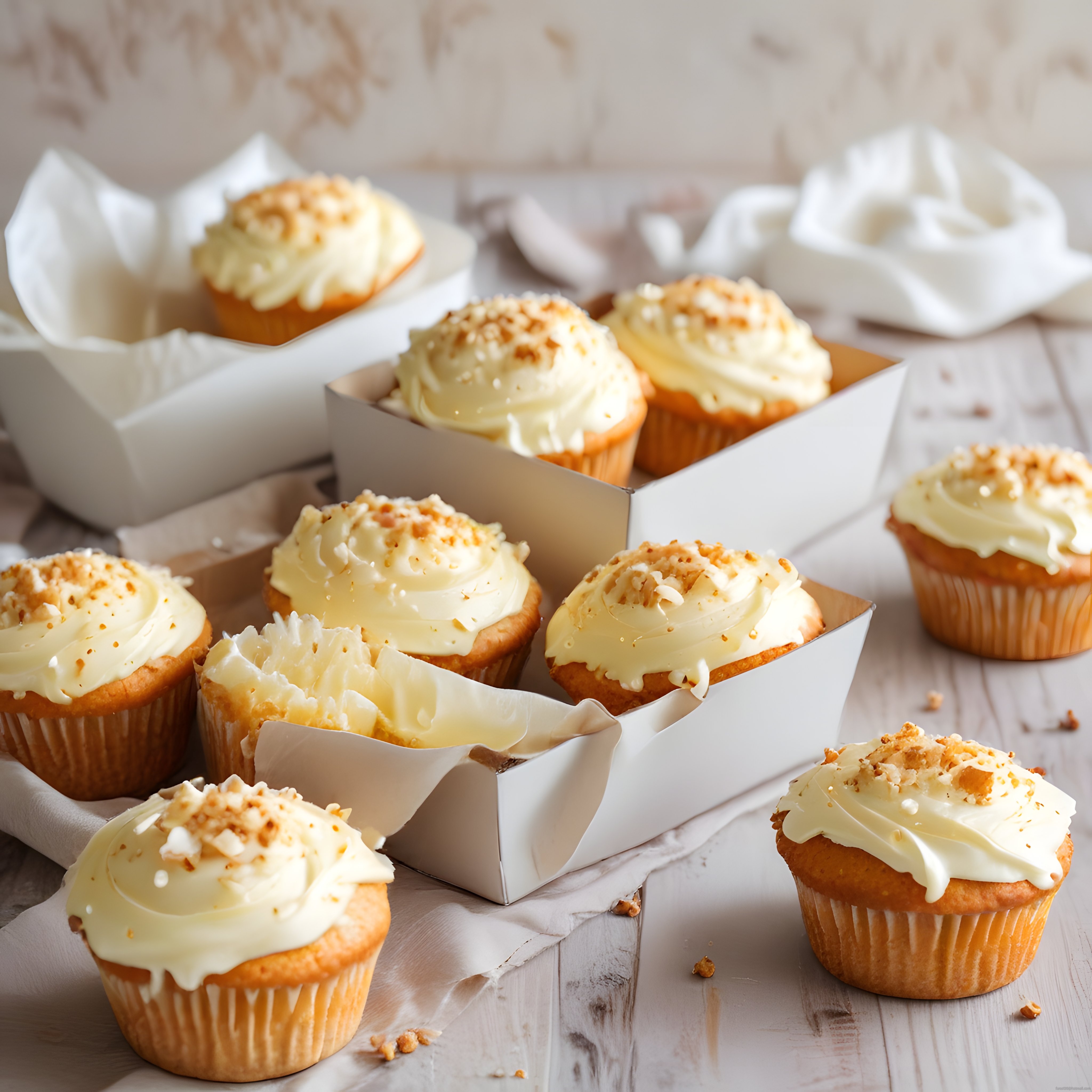 Pastane Tarzı File Bademli Krema Cupcake'ler ve Beyaz Karton Sunum Kutuları