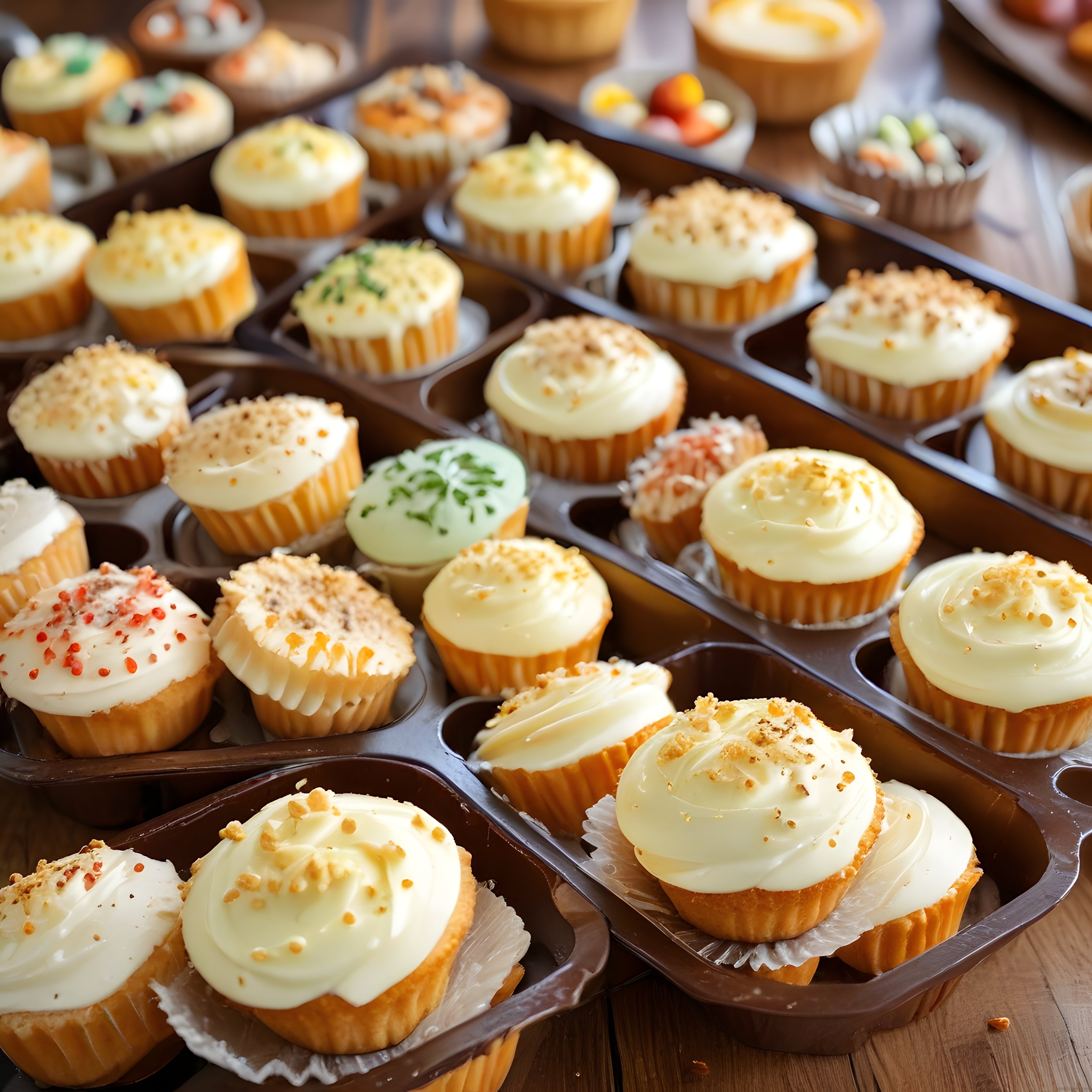 Pastane Tezgahında Kremalı, Fındık Süslemeli ve Renkli Çeşitli Cupcake'ler