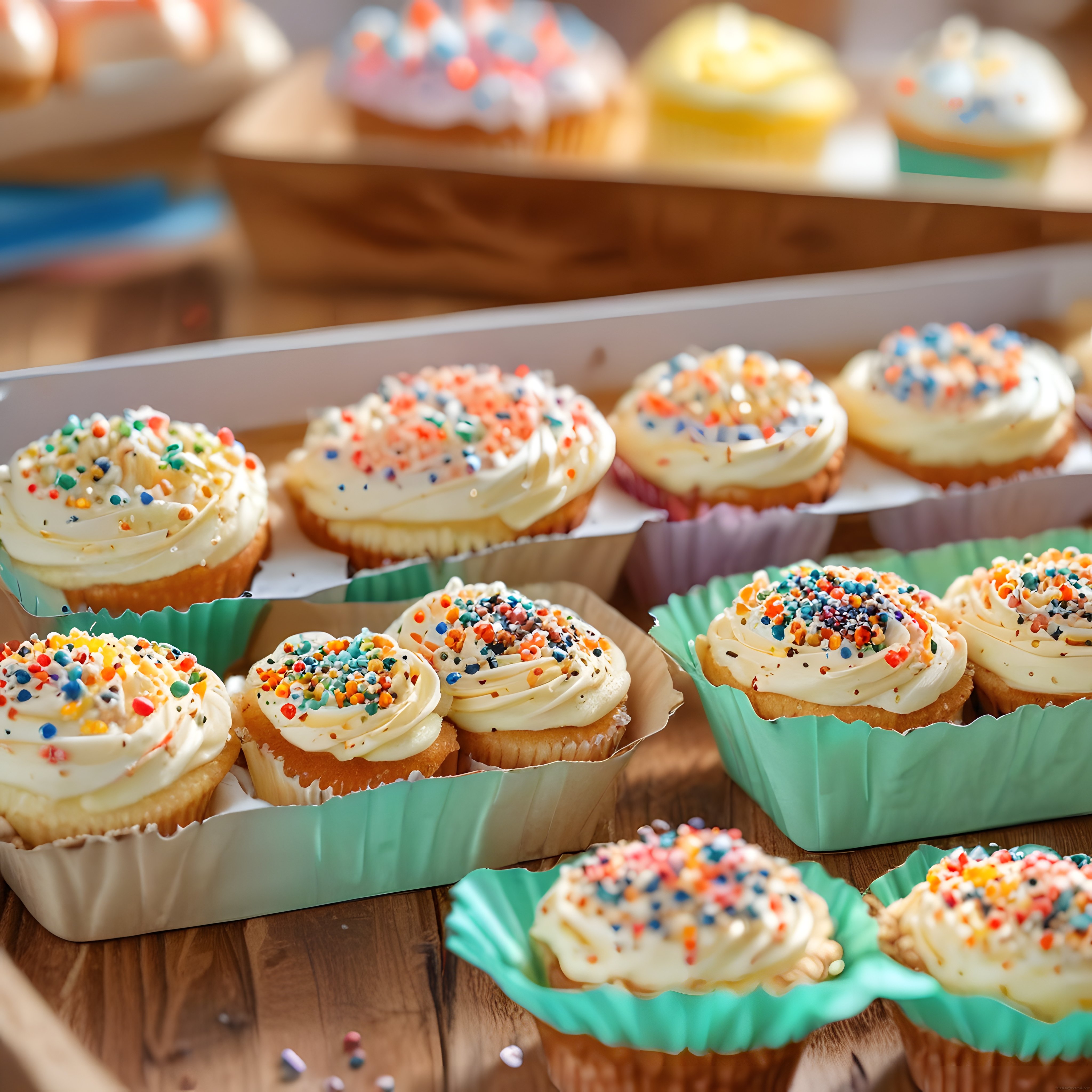 Pastane tezgahında renkli serpintilerle süslenmiş taze cupcakeler ve tatlılar