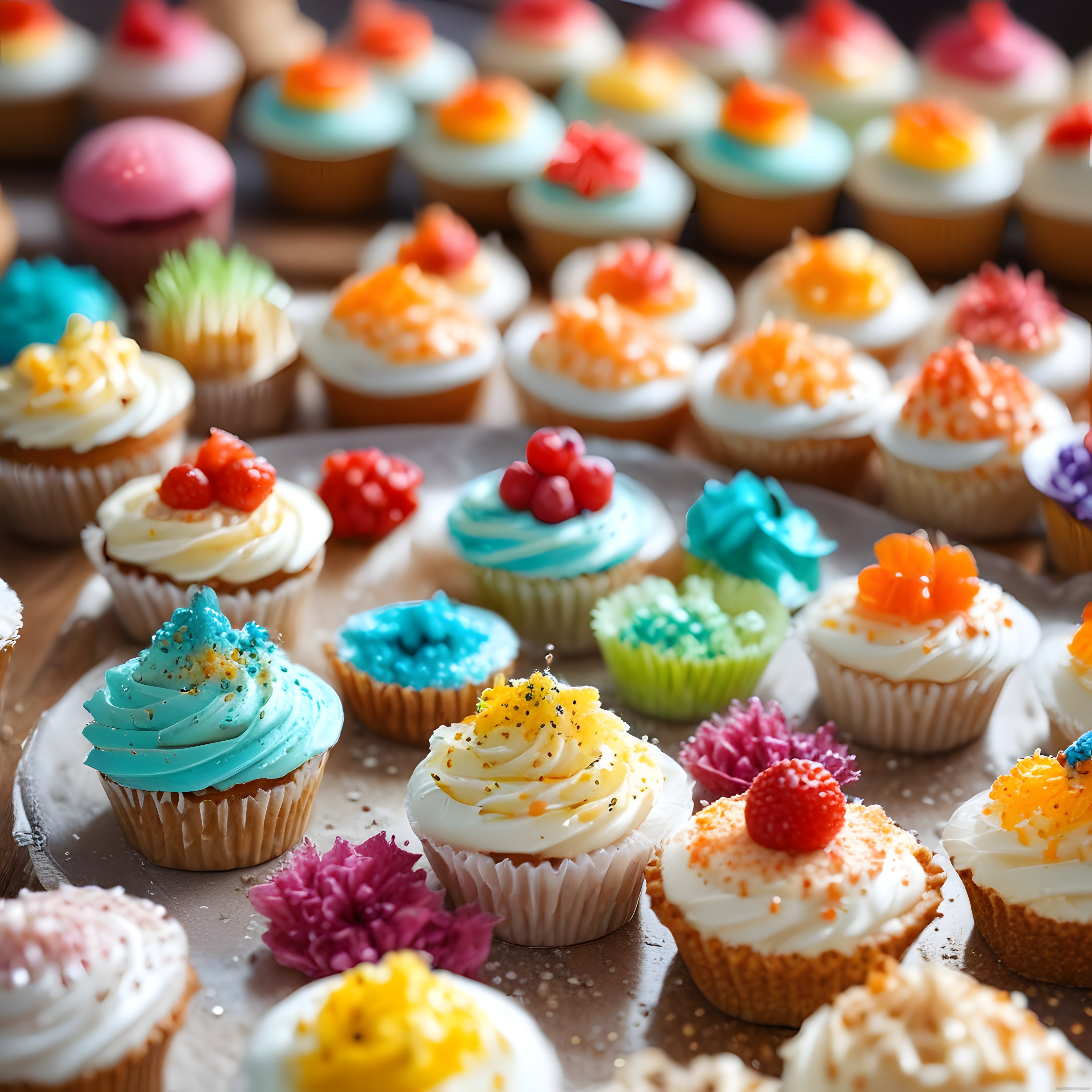 Pastane Vitrininde Rengarenk Krema ve Çiçek Süslü Cupcake Çeşitleri