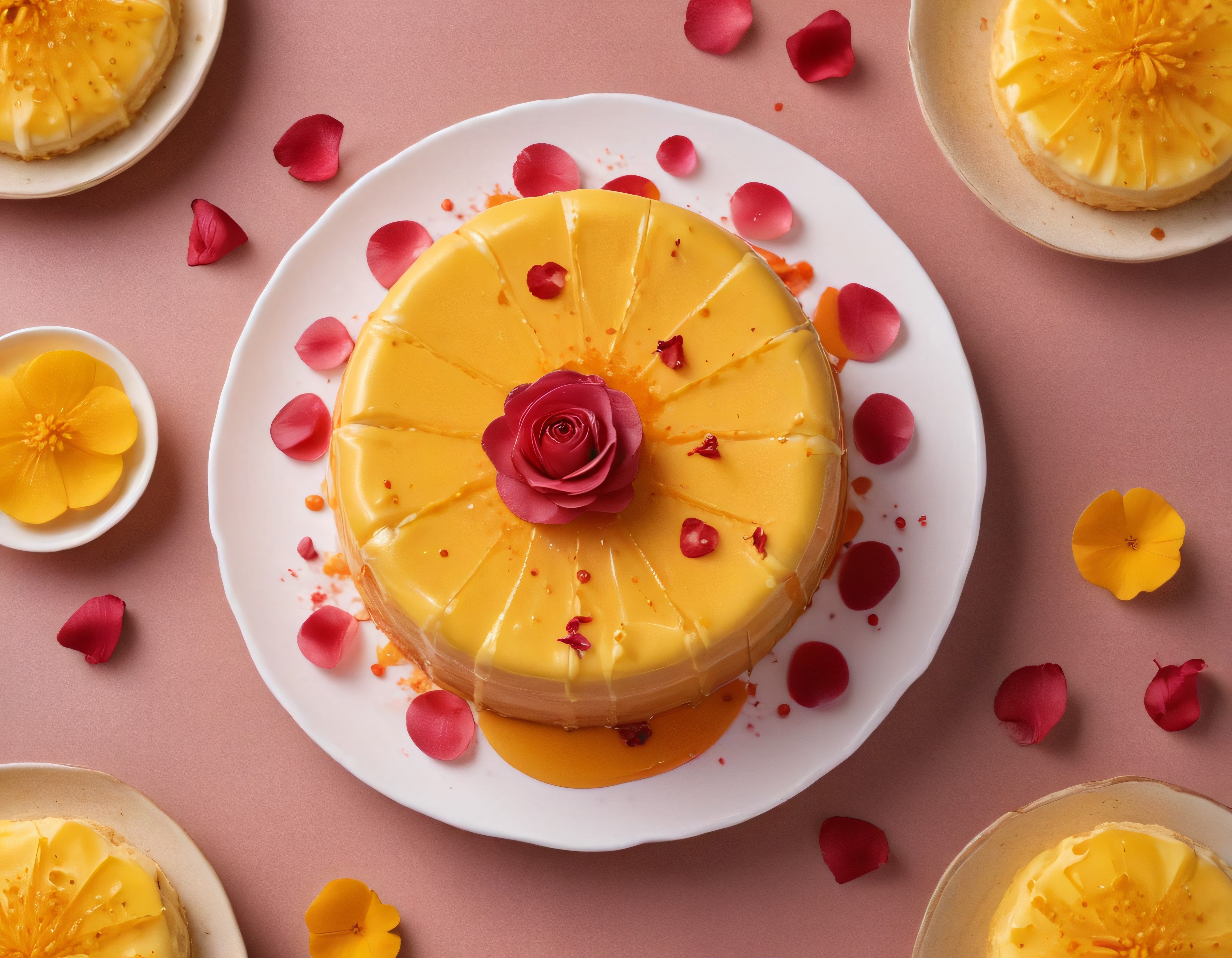 Pastel Arka Planda Gül Yapraklarıyla Süslenmiş Parlak Sarı Kaplamalı Özel Pasta
