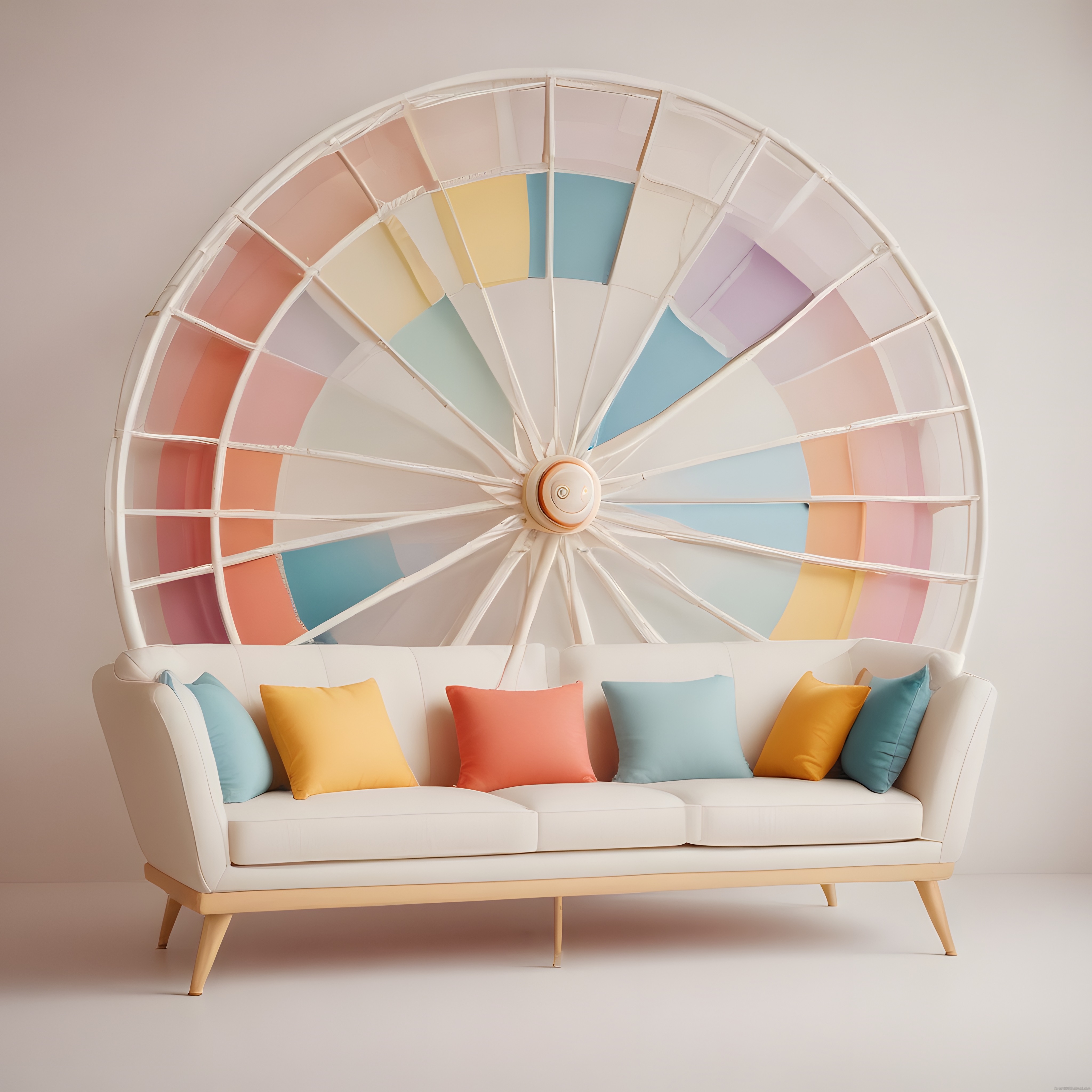 Pastel Dönme Dolap Arka Planlı Beyaz Modern Kanepe ve Renkli Yastıklar