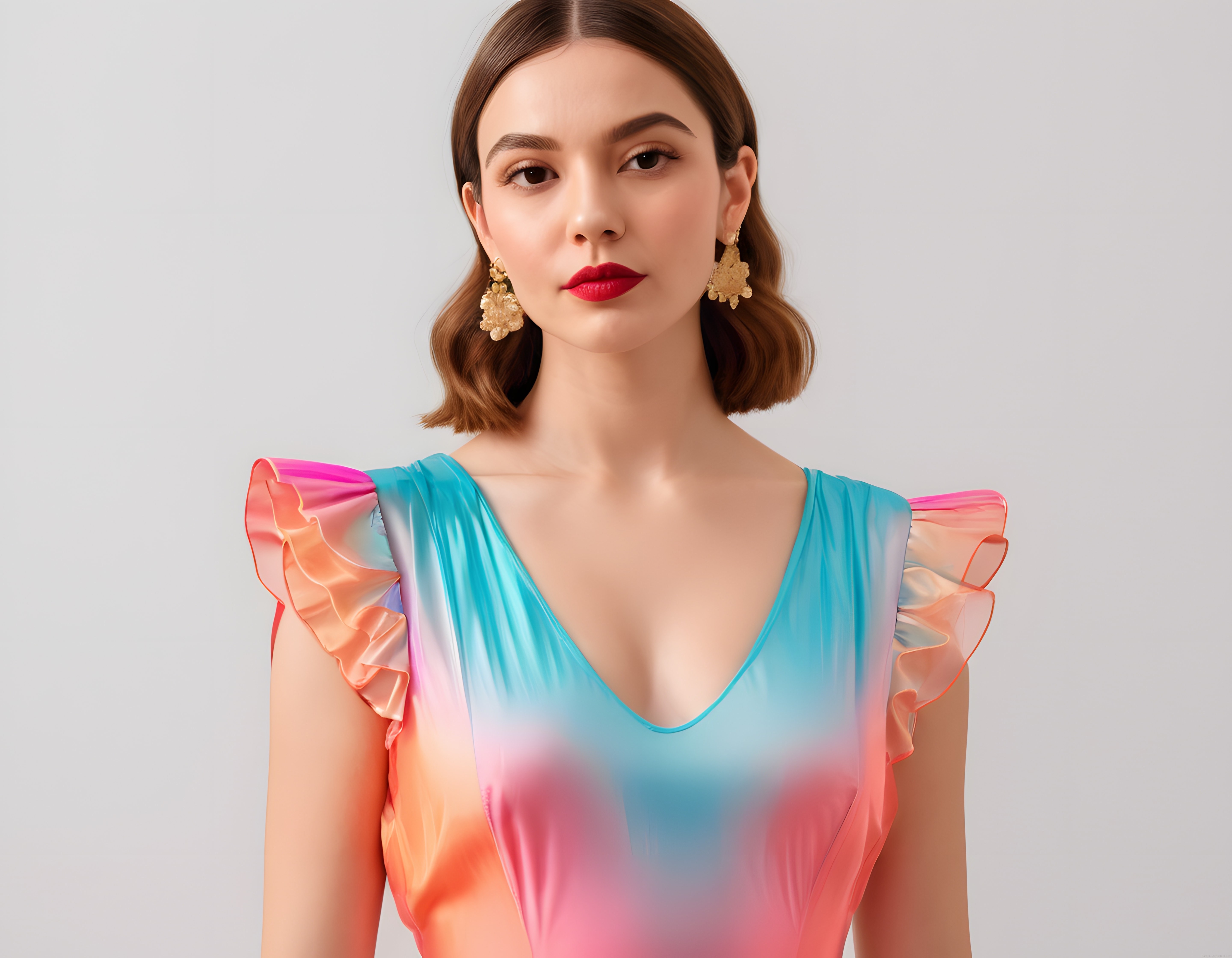 Pastel Gökkuşağı Saten Elbise ve Büyük Altın Küpelerle Elegan Stüdyo Portresi
