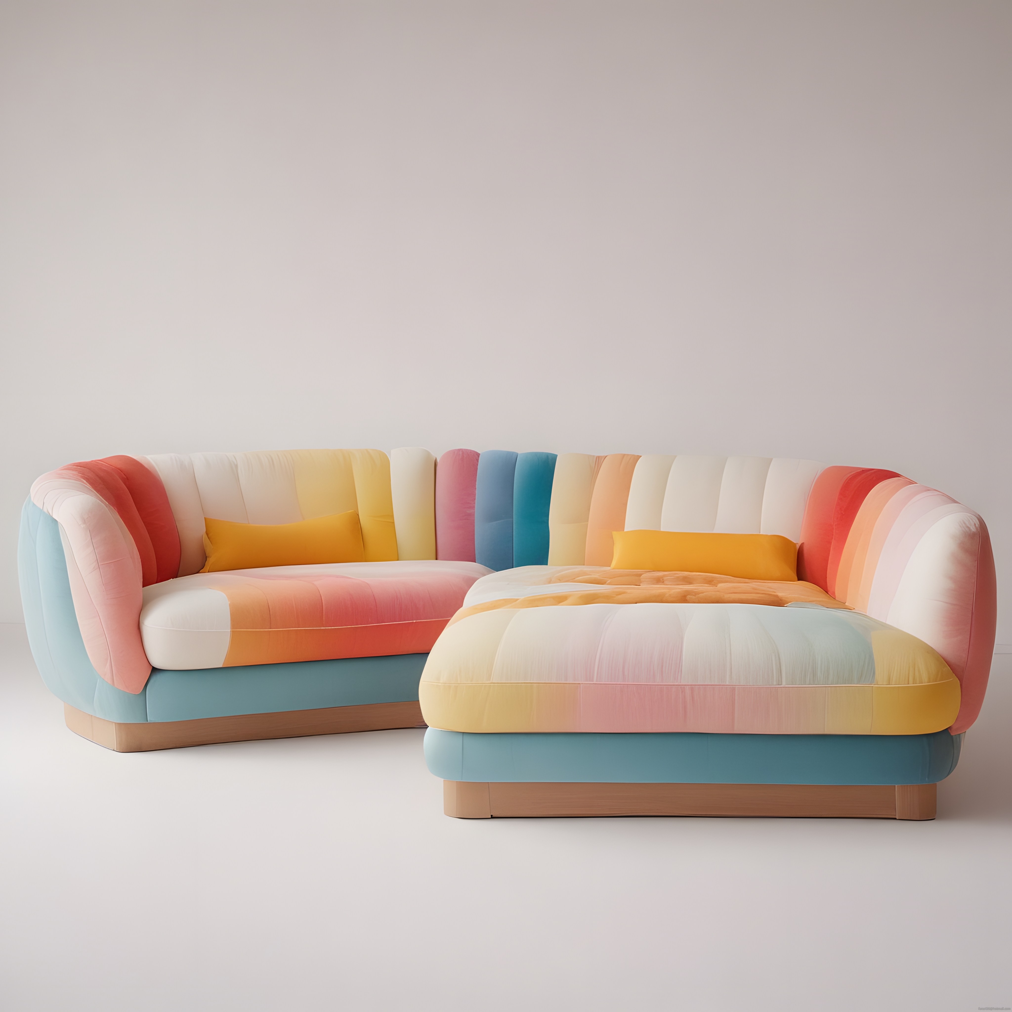 Pastel gökkuşağı tonlarında L şeklinde modern köşe koltuk ve puf tasarımı
