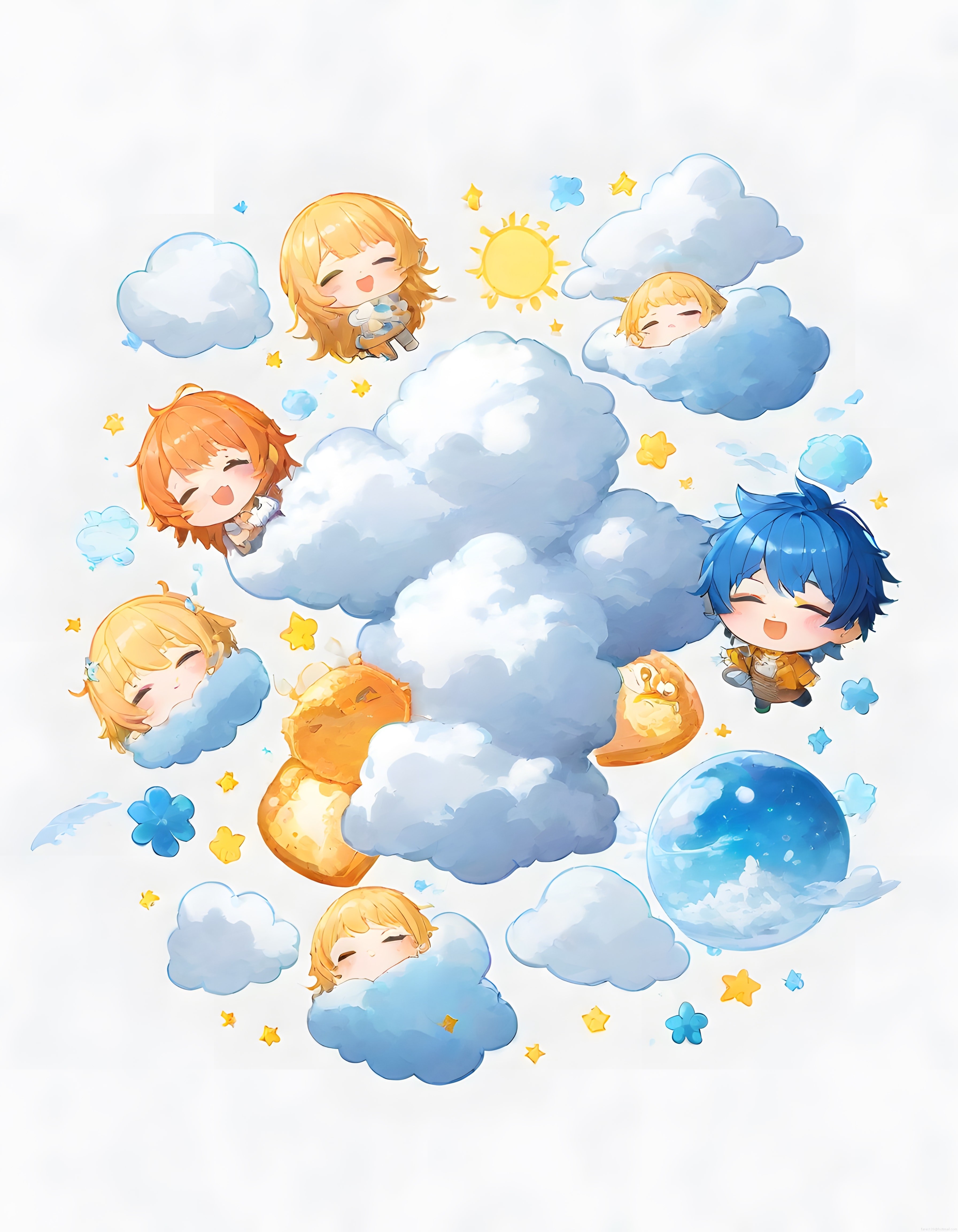 Pastel Gökyüzünde Bulutlar Arasında Neşeli Chibi Anime Karakterler