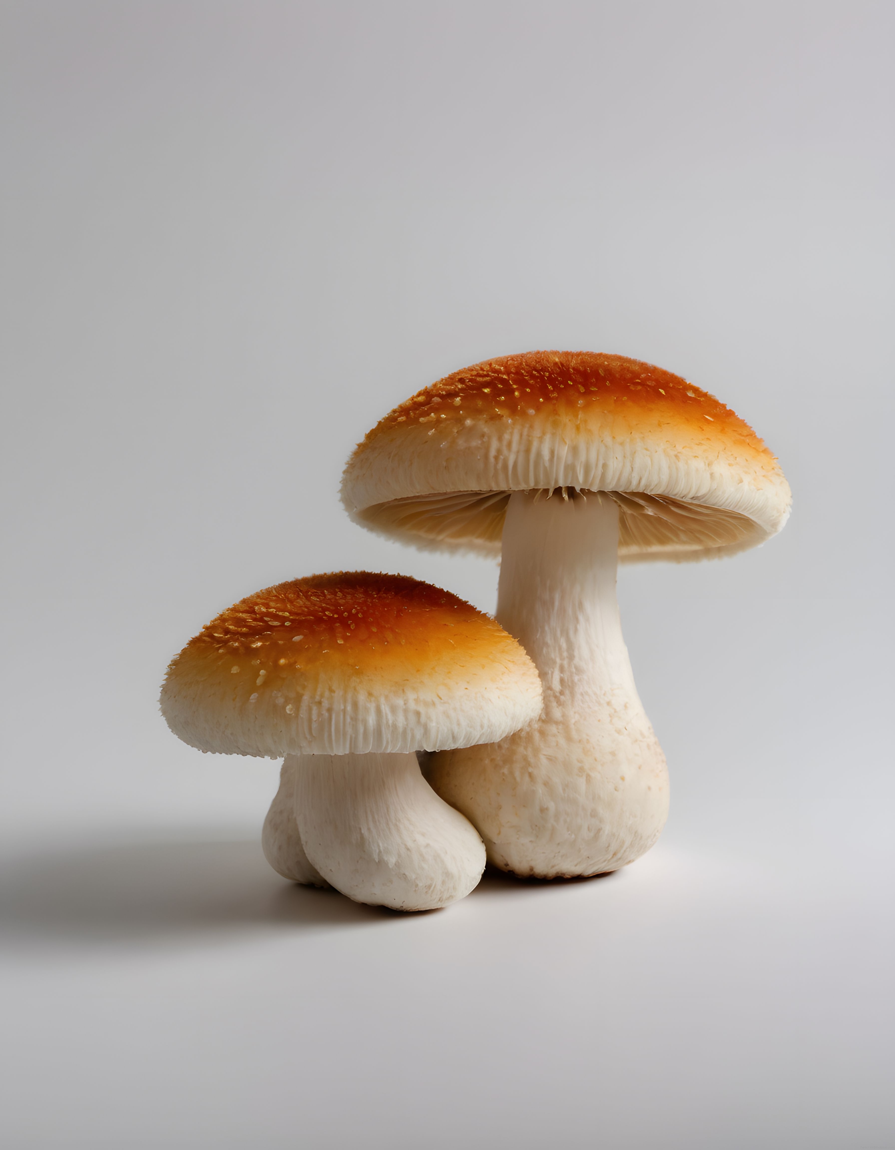 Pastel Gri Arka Planda İki Taze Mantarın Estetik ve Minimal Stüdyo Fotoğrafı