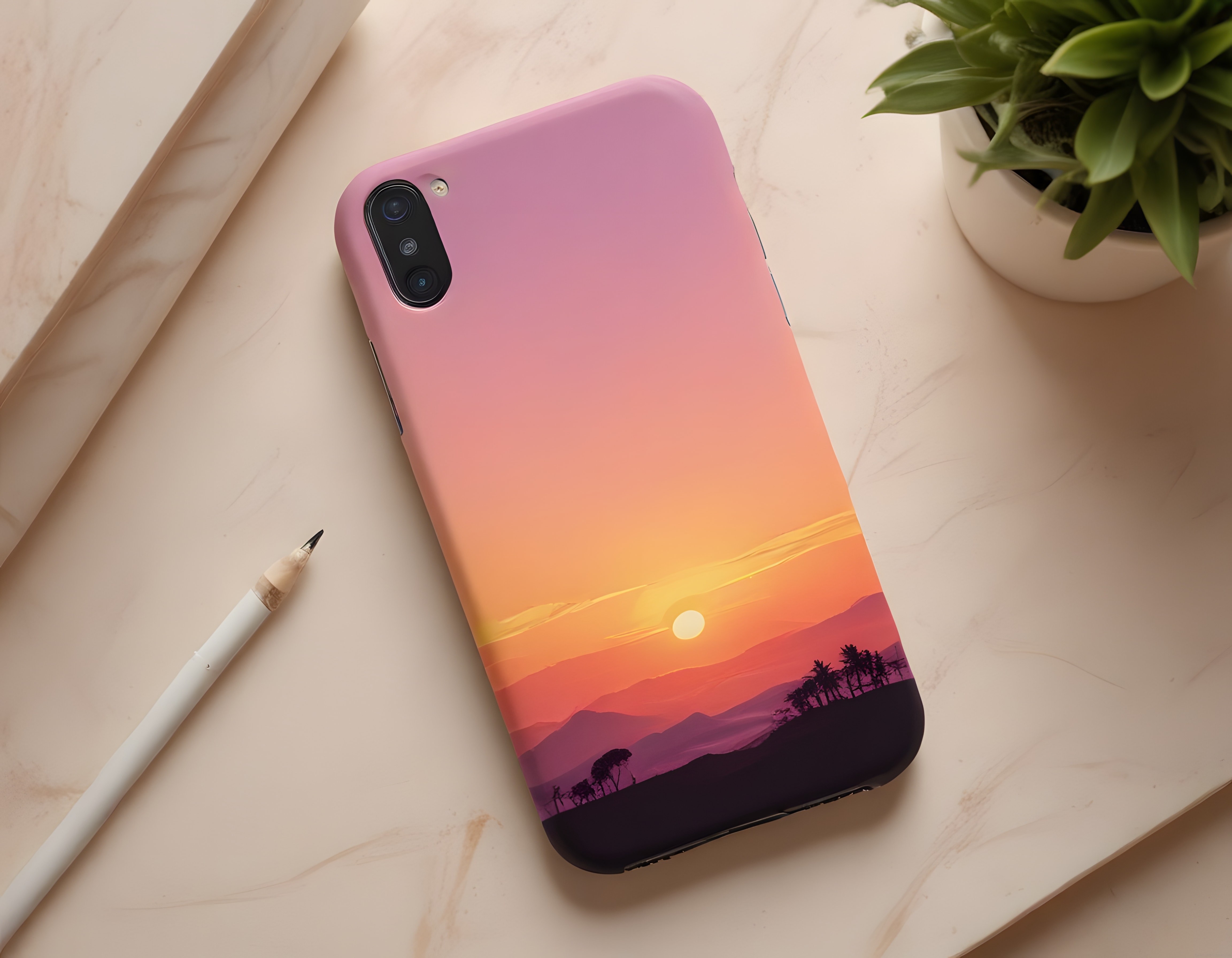 Pastel Gün Batımı Desenli Telefon Kılıfı ve Minimalist Masa Dekoru