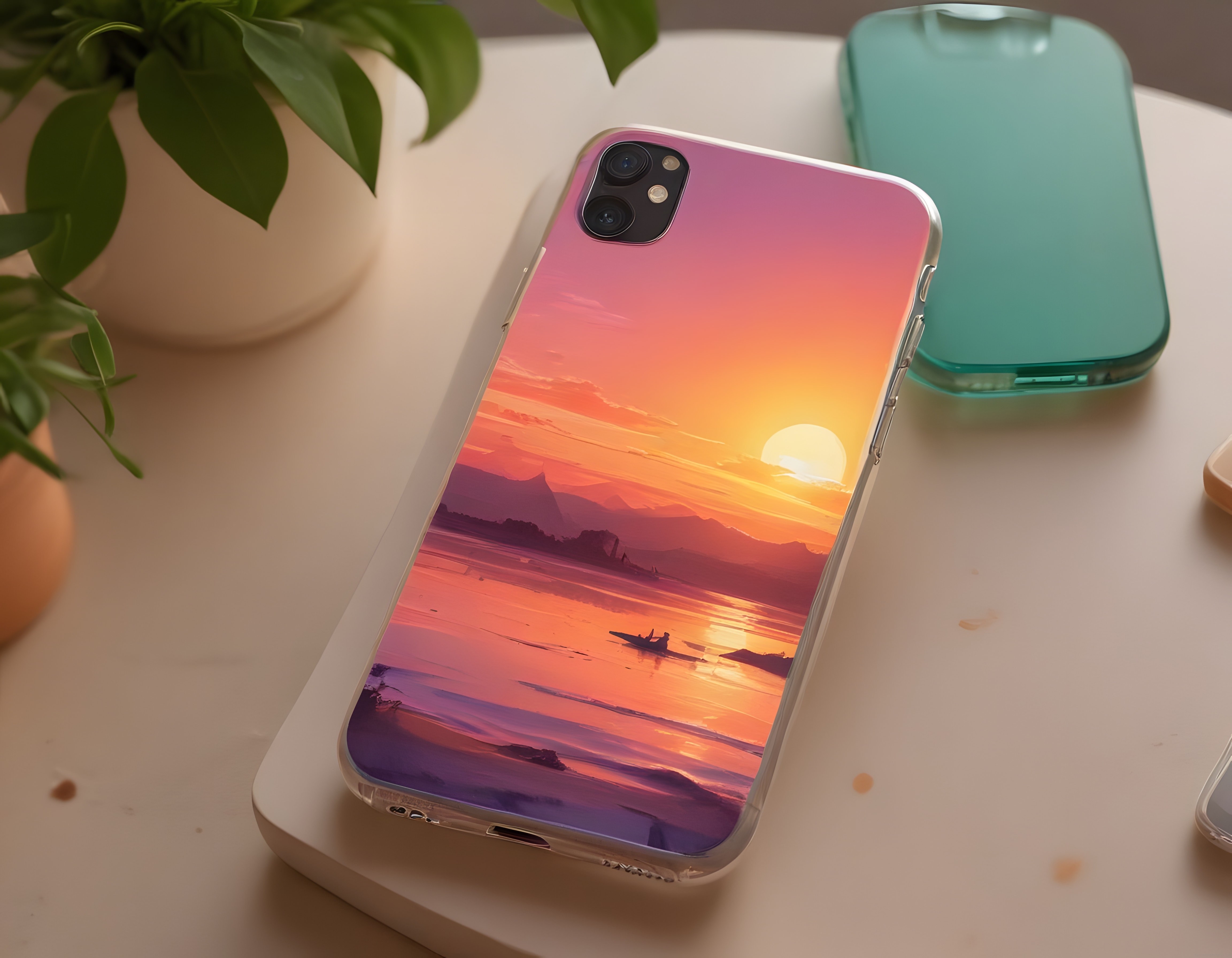 Pastel Gün Batımı Tasarımlı Şeffaf iPhone Kılıfı ve Minimalist Masa Düzeni