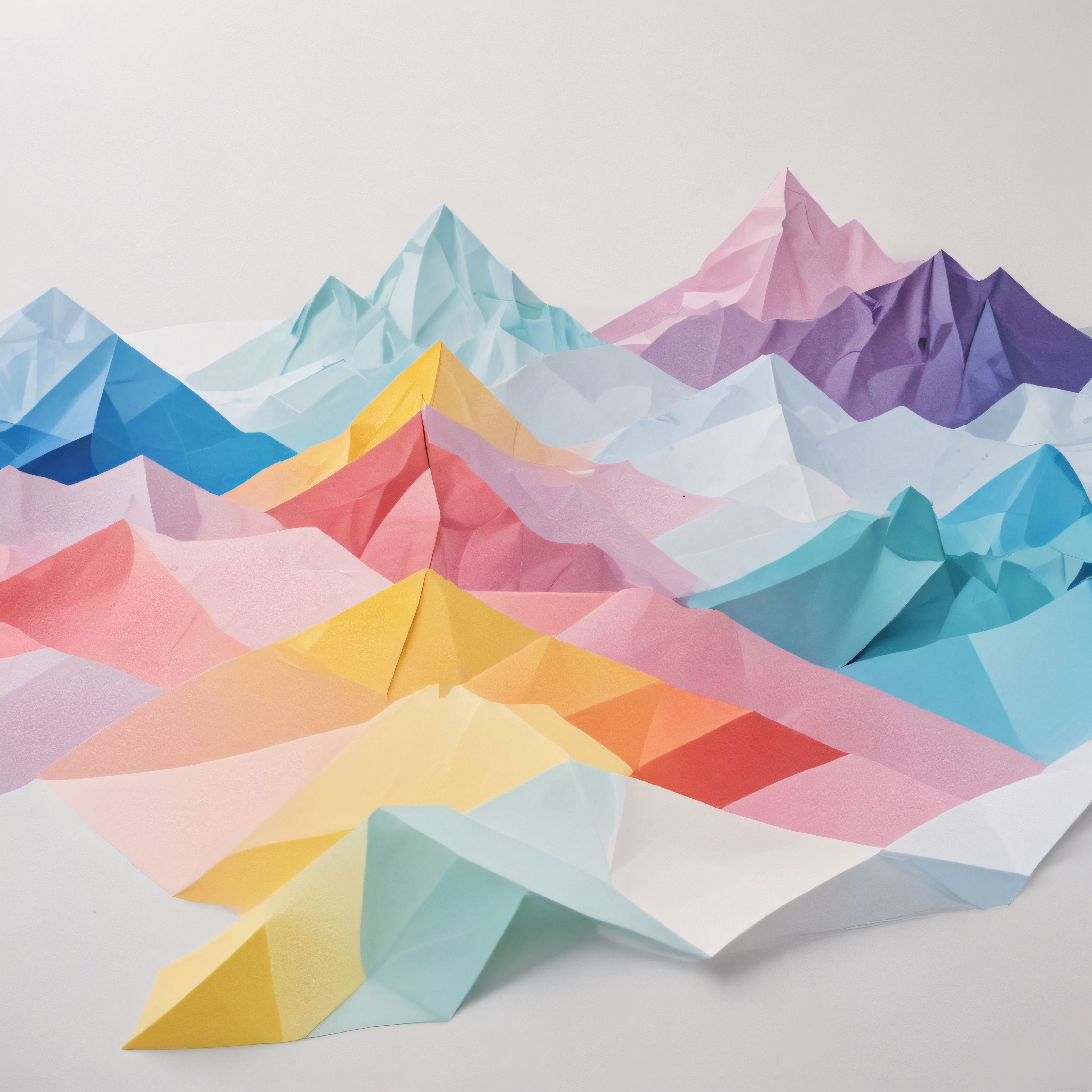 Pastel kağıt katlama sanatıyla geometrik dağ siluetleri ve renkli 3d arka plan