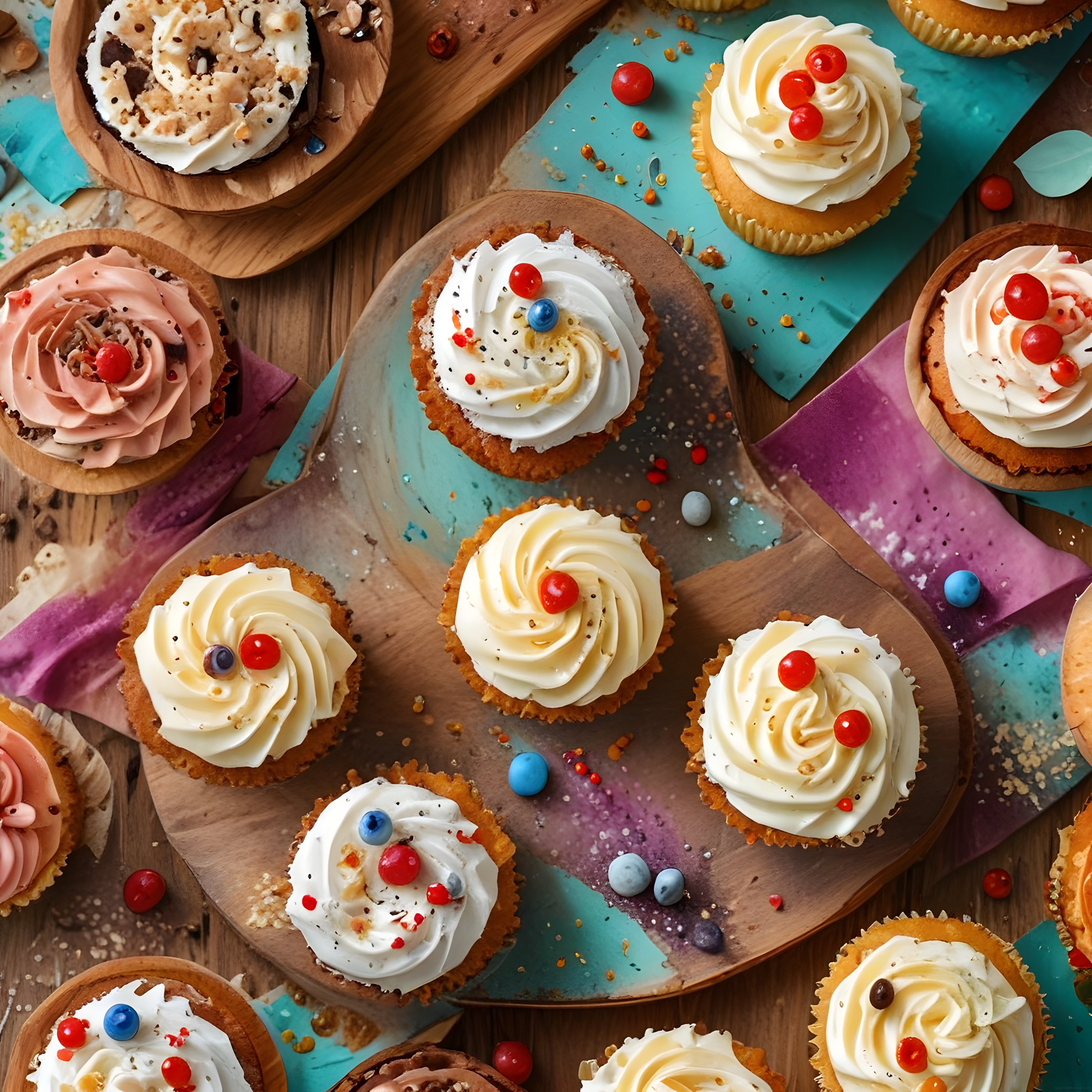 Pastel Kağıtlar Üzerinde Boncuklu ve Kremalı Renkli Cupcake Sunumu