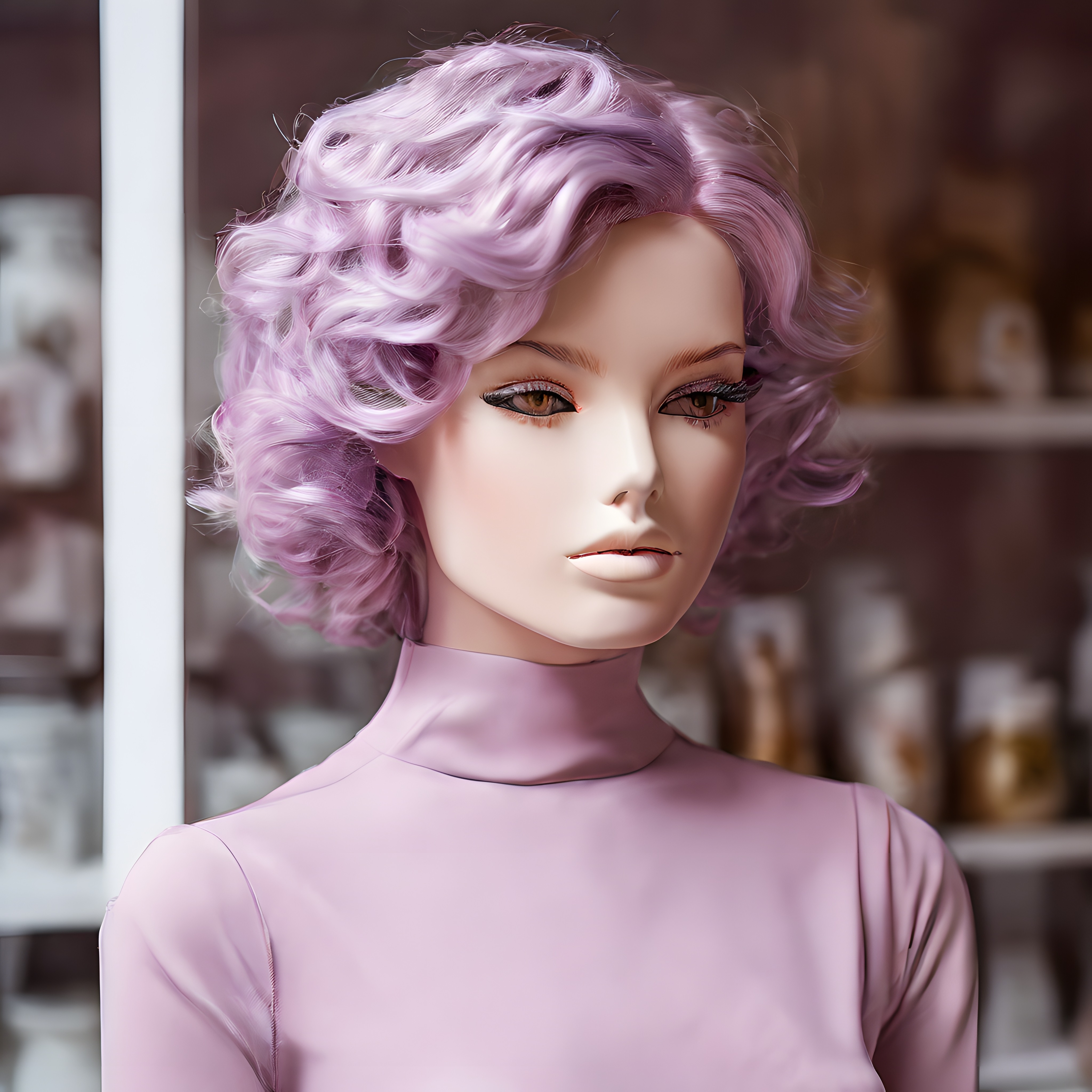 Pastel Lila Kıvırcık Saçlı Gerçekçi Manken ve Zarif Butik Vitrin Detayı