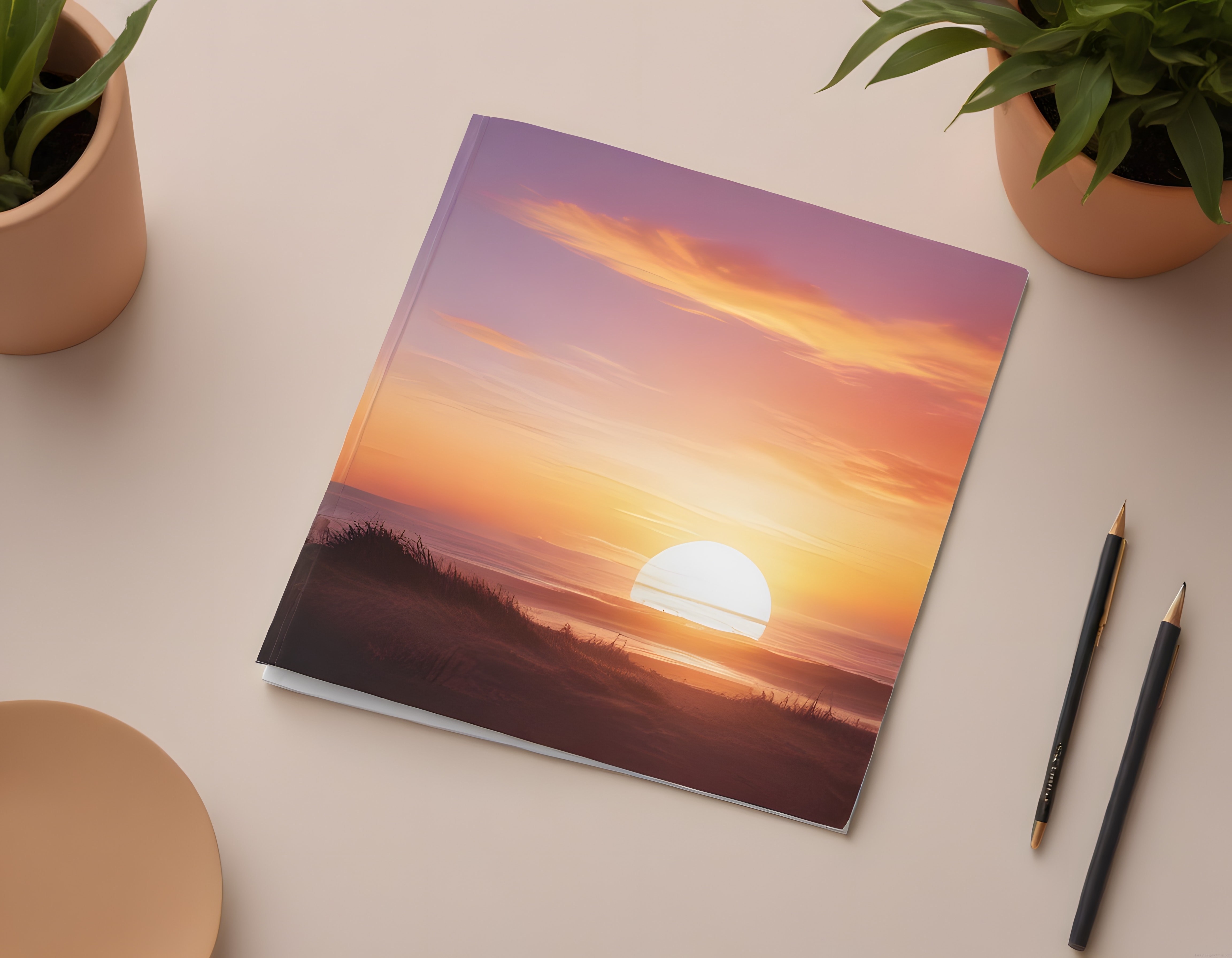 Pastel Masa Dekorunda Gün Batımı Manzaralı Fotoğraf Kitabı ve Saksı Bitkileri