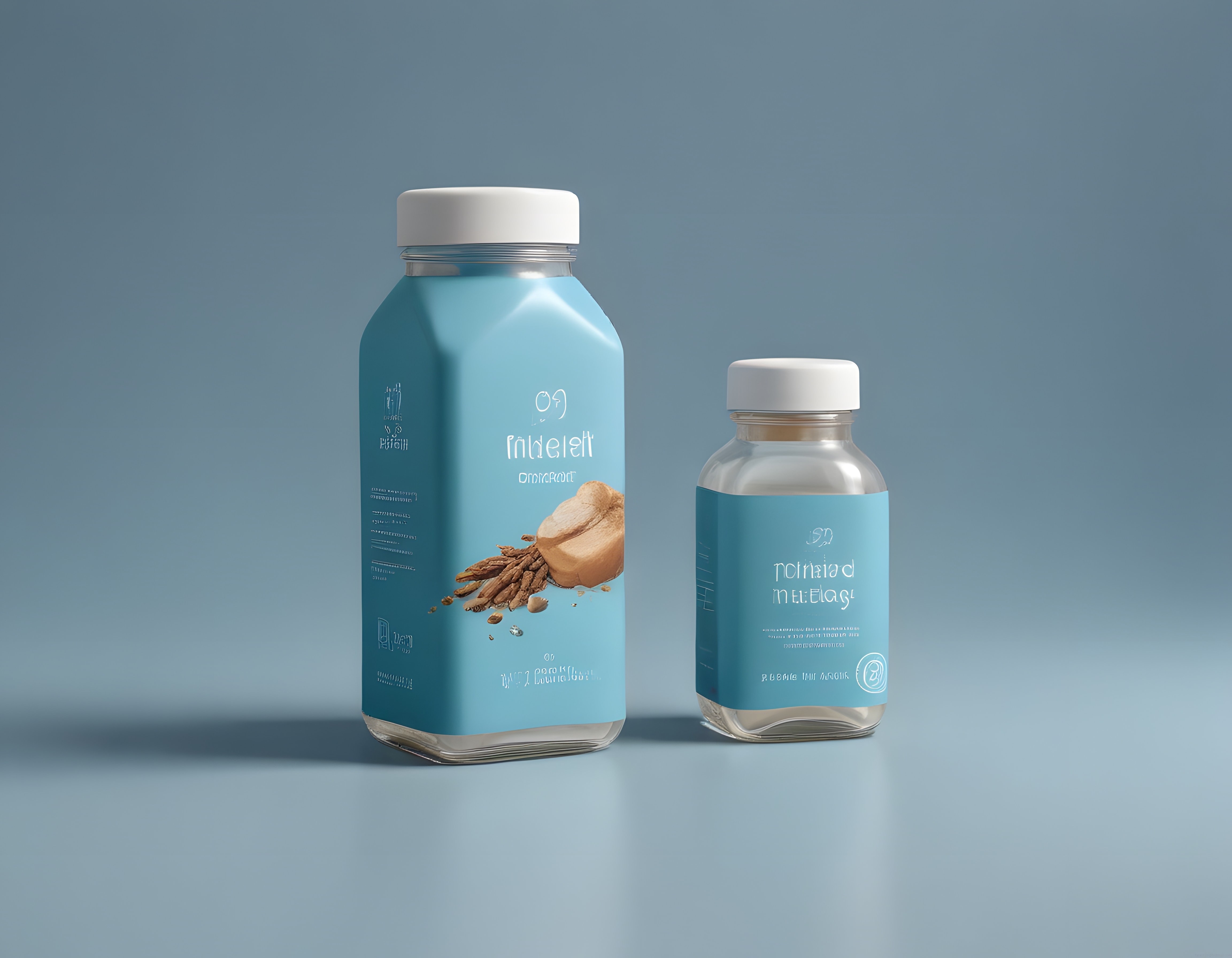 Pastel Mavi Arka Plan Üzerinde Tahıl ve Süt İçeren Fonksiyonel İçecek Şişeleri