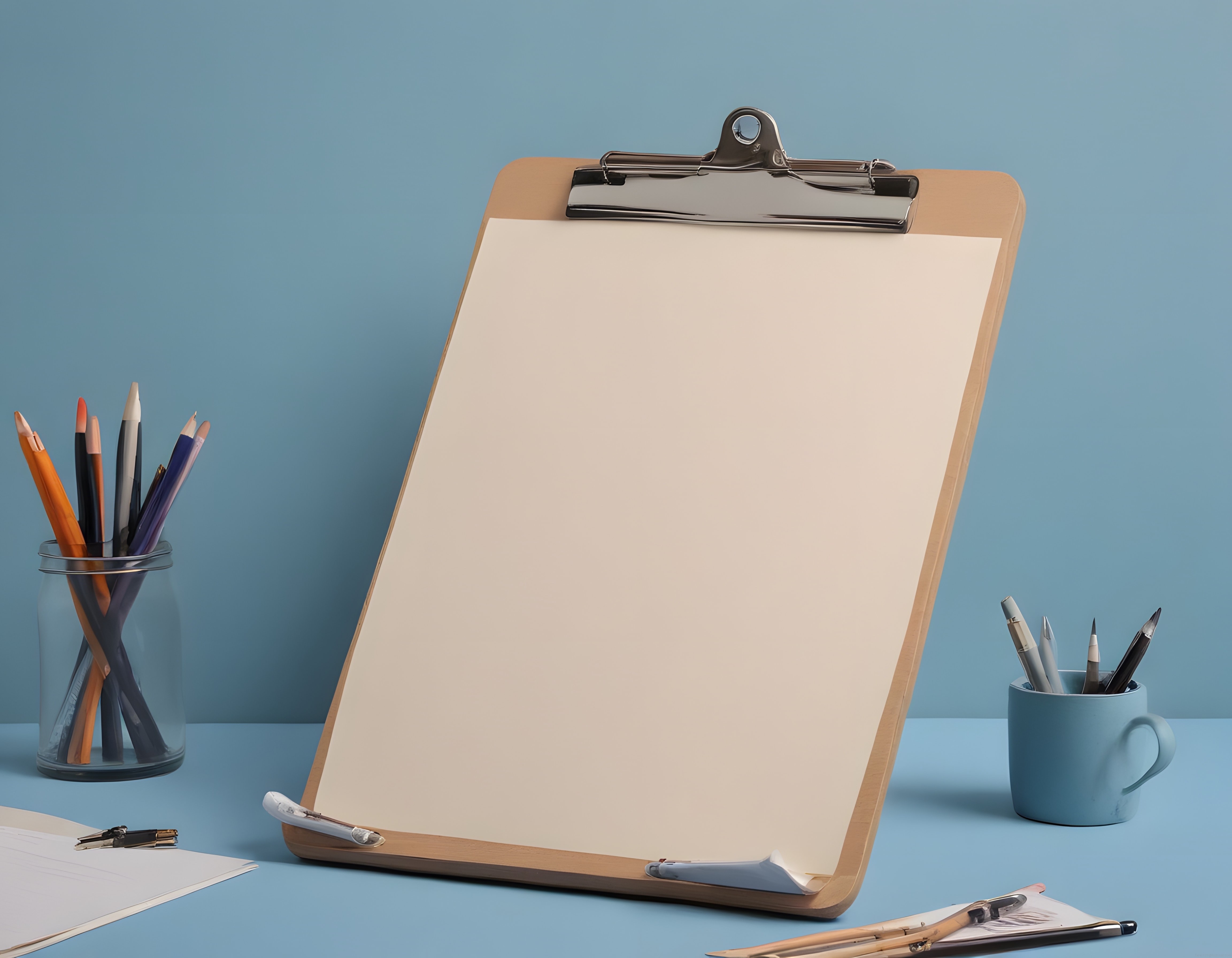 Pastel Mavi Arka Planda Minimal Çalışma Masası ve Boş Clipboard Mockup