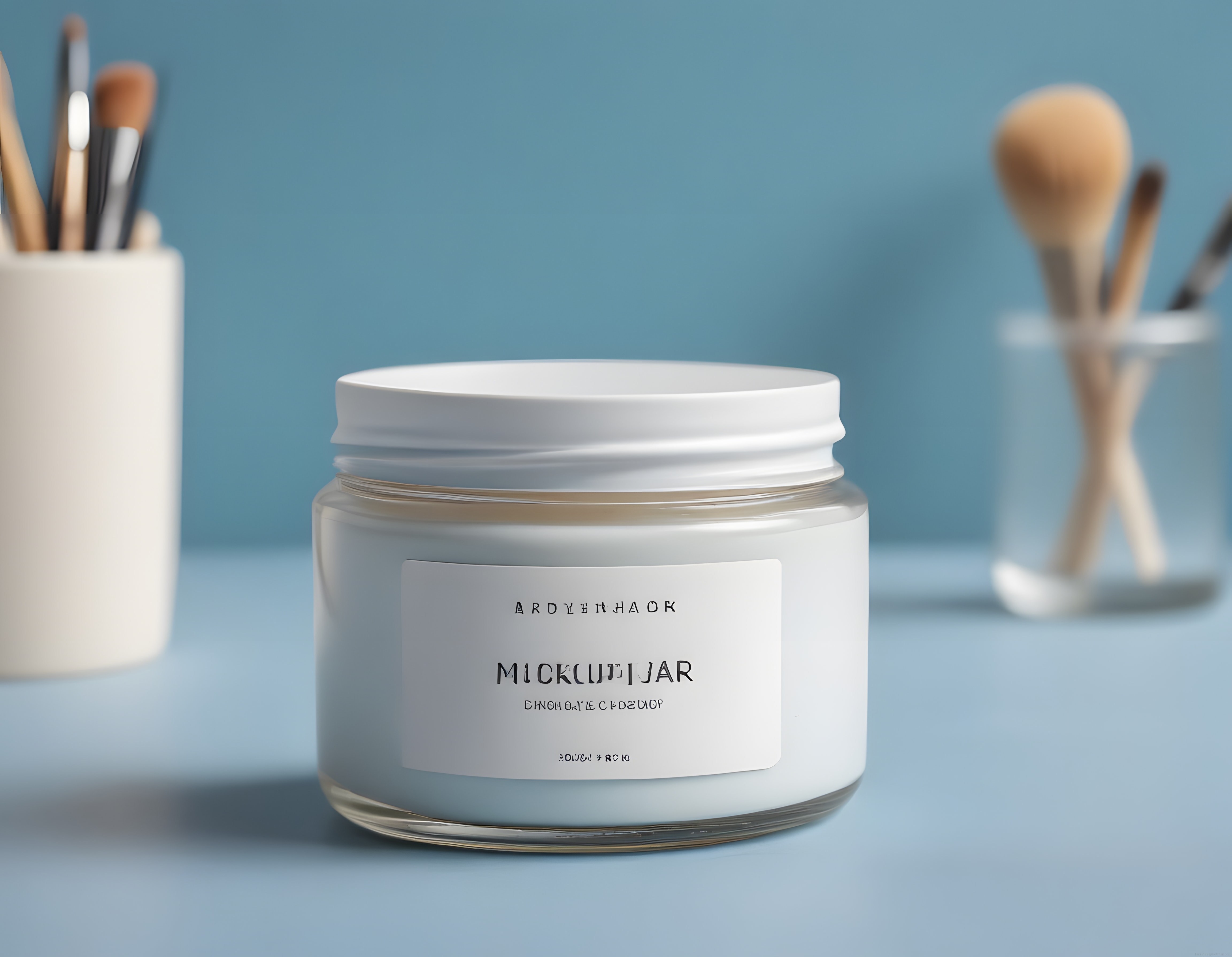 Pastel mavi arka planda minimal etiketli kozmetik kavanoz ve fırçaları