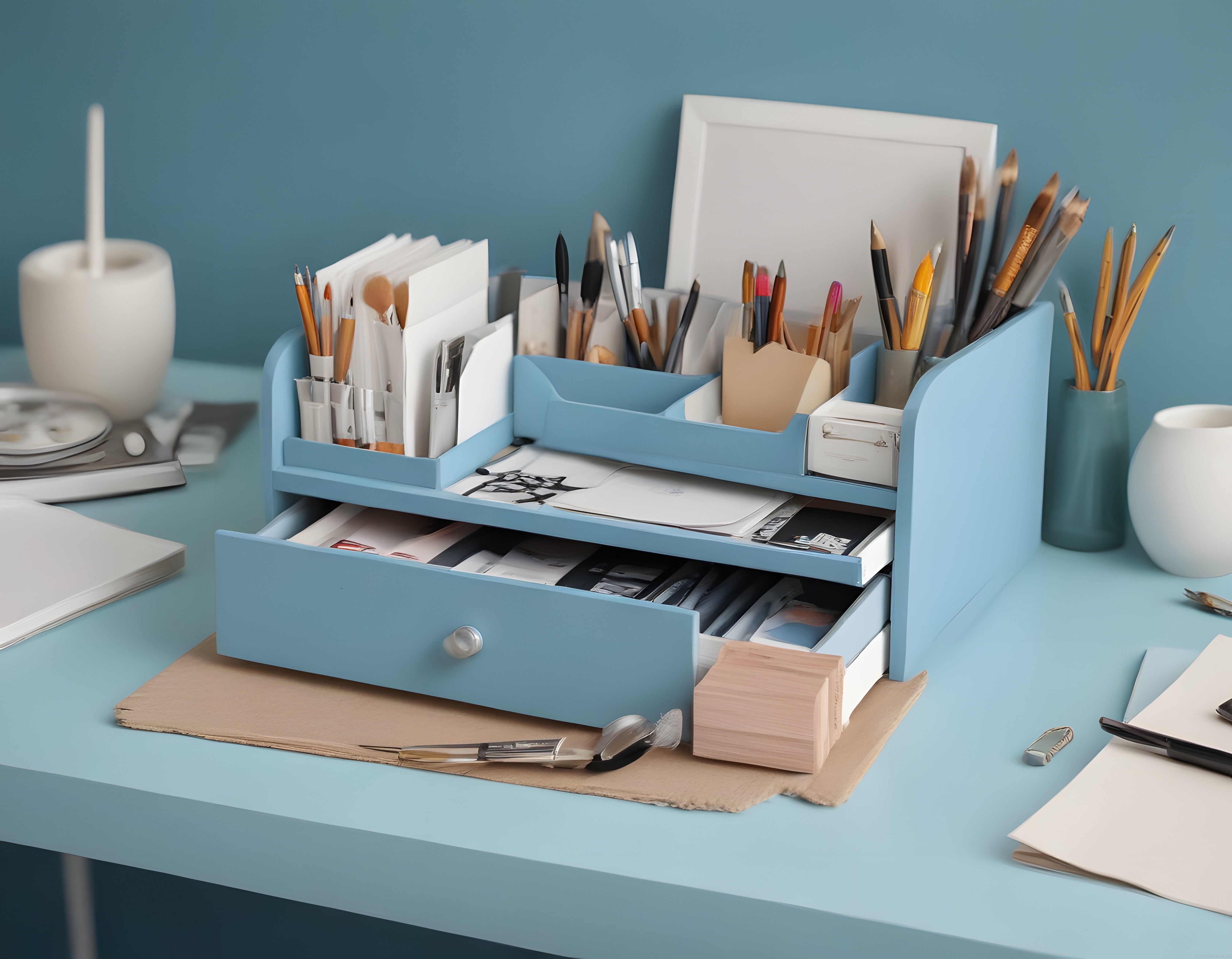 Pastel Mavi Arka Planda Organize Sanat Malzemeleri ve Çalışma Alanı