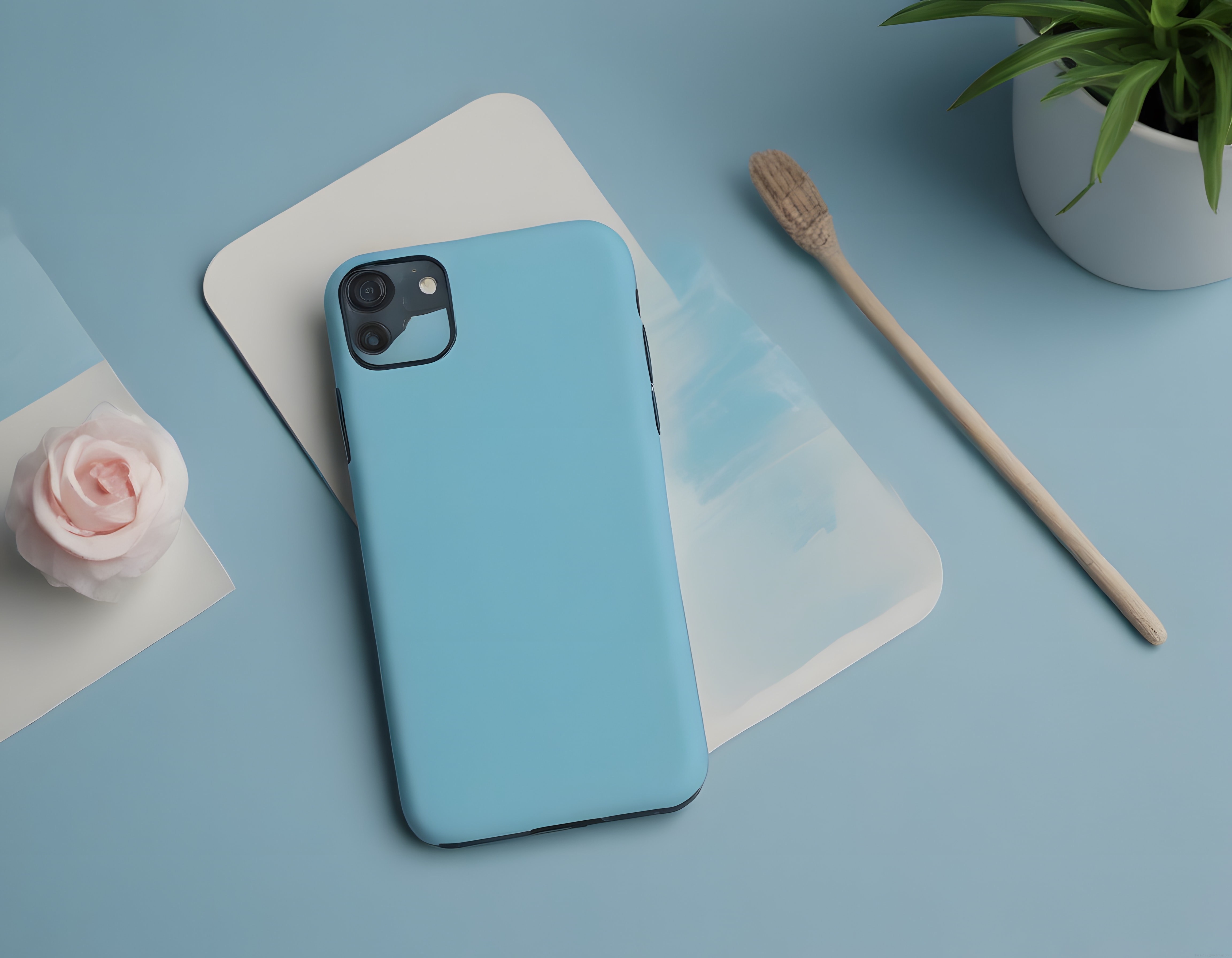 Pastel Mavi Arka Planda Stilize Telefon Kılıfı Ürün Çekimi ve Masa Düzeni