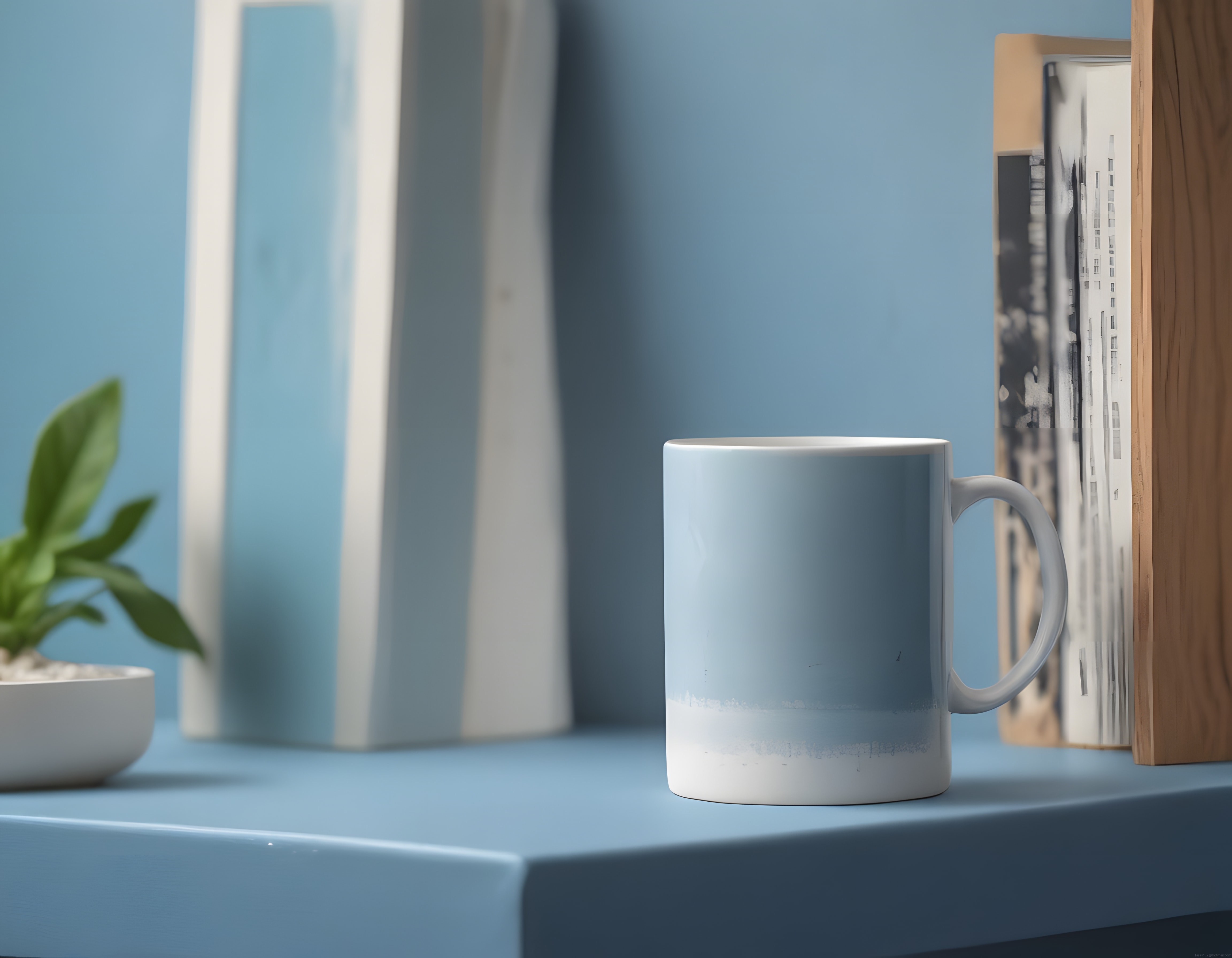 Pastel mavi dekorasyonda minimalist kupa ve yeşil bitki ile huzurlu köşe