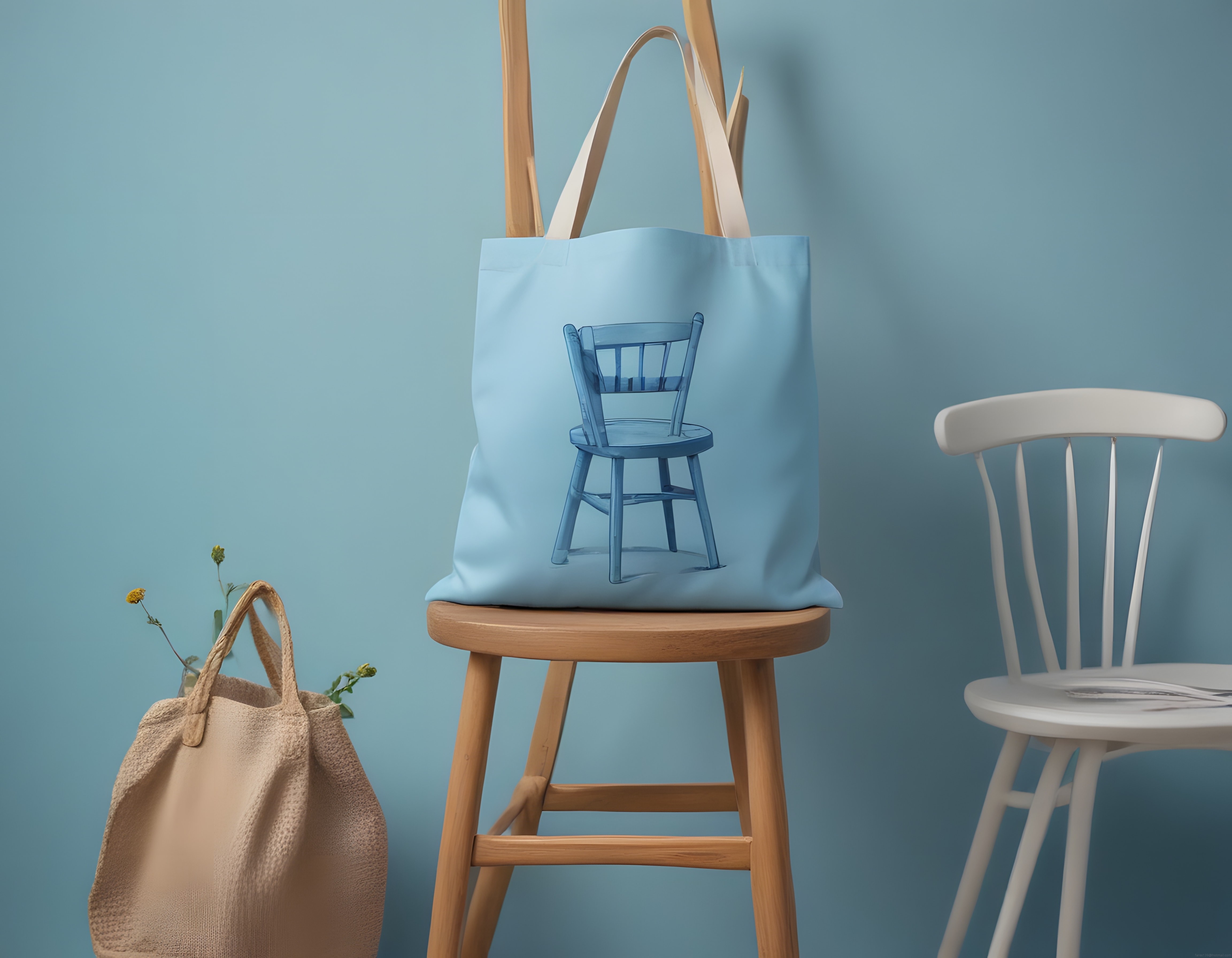 Pastel Mavi Dekorda Sandalye Baskılı Bez Çanta ve Minimalist Ürün Sunumu