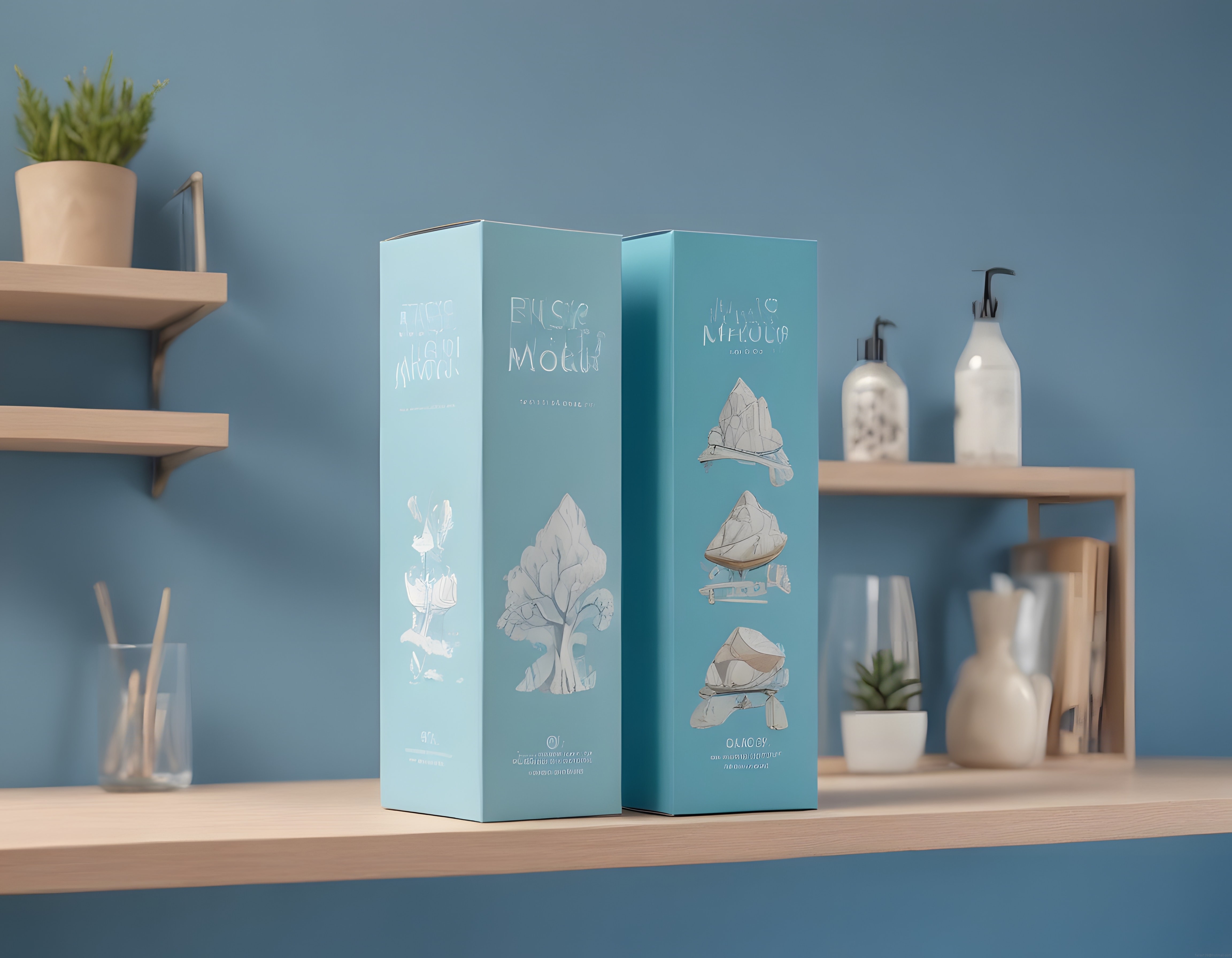 Pastel Mavi Duvar Önünde Botanik Desenli Ürün Kutuları ve Raf Düzenlemesi