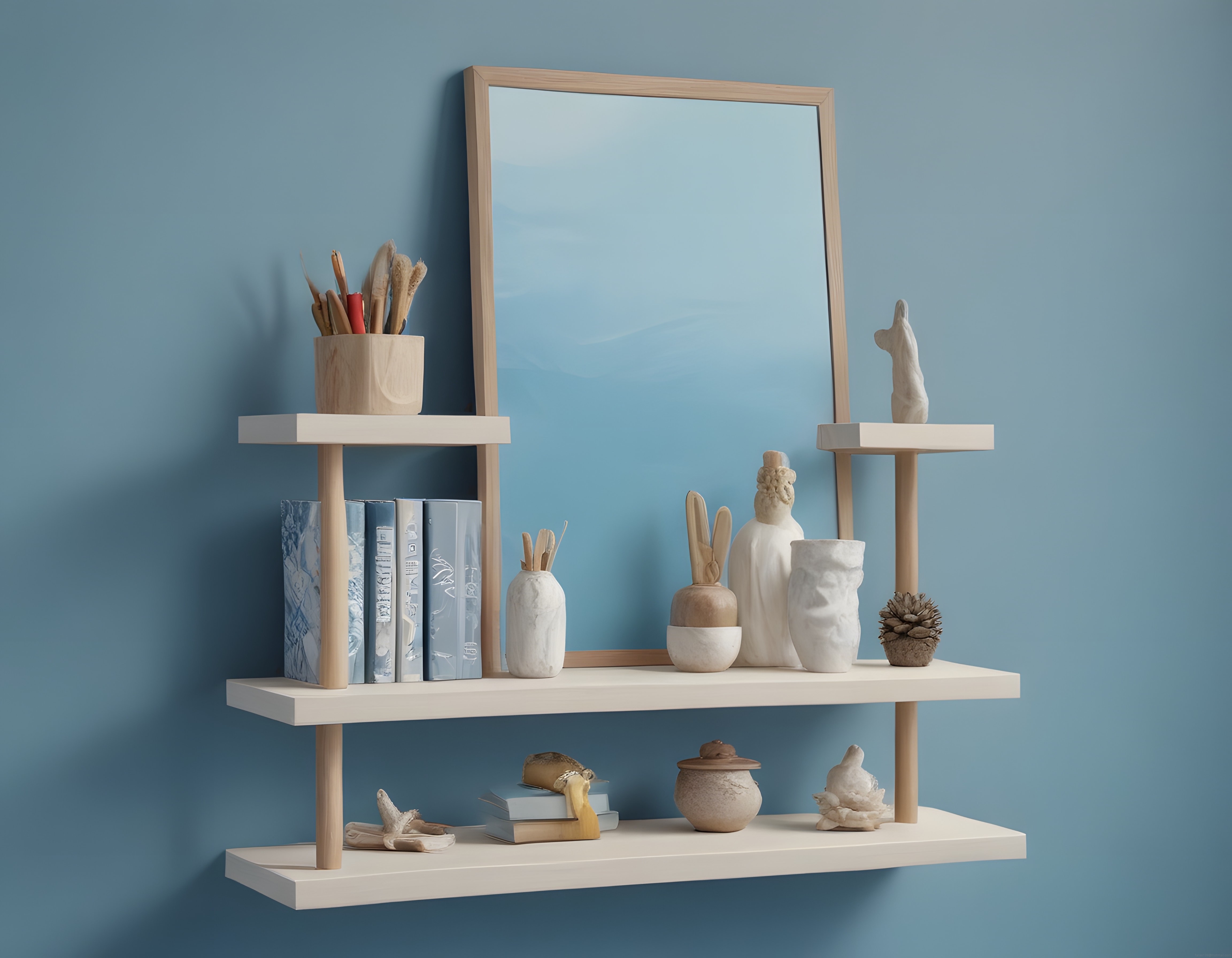 Pastel Mavi Duvar Önünde Minimalist Ahşap Raflar ve Dekoratif Obje Düzeni