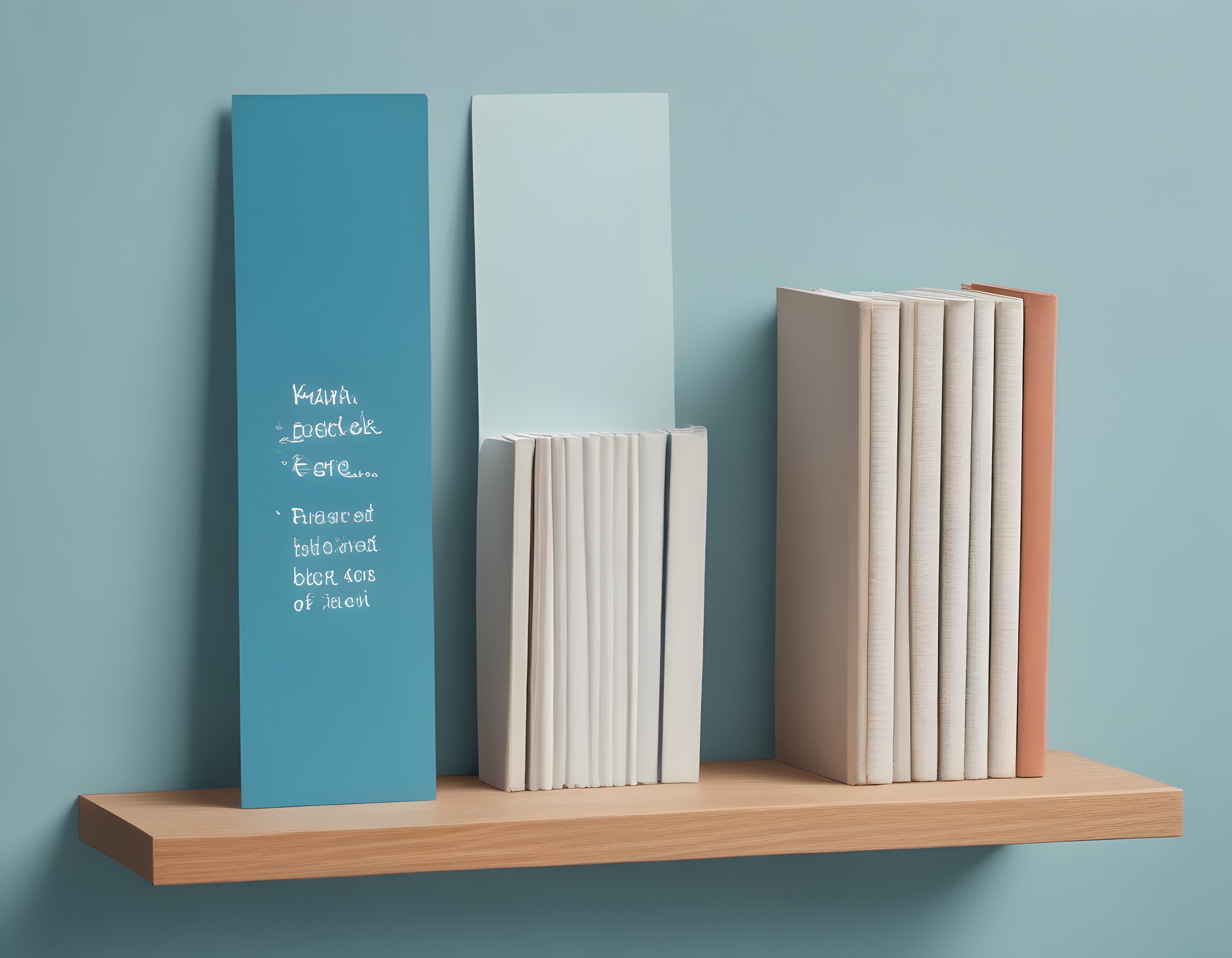 Pastel Mavi Duvar Önünde Minimalist Kitaplık ve Dekoratif Raf Düzeni