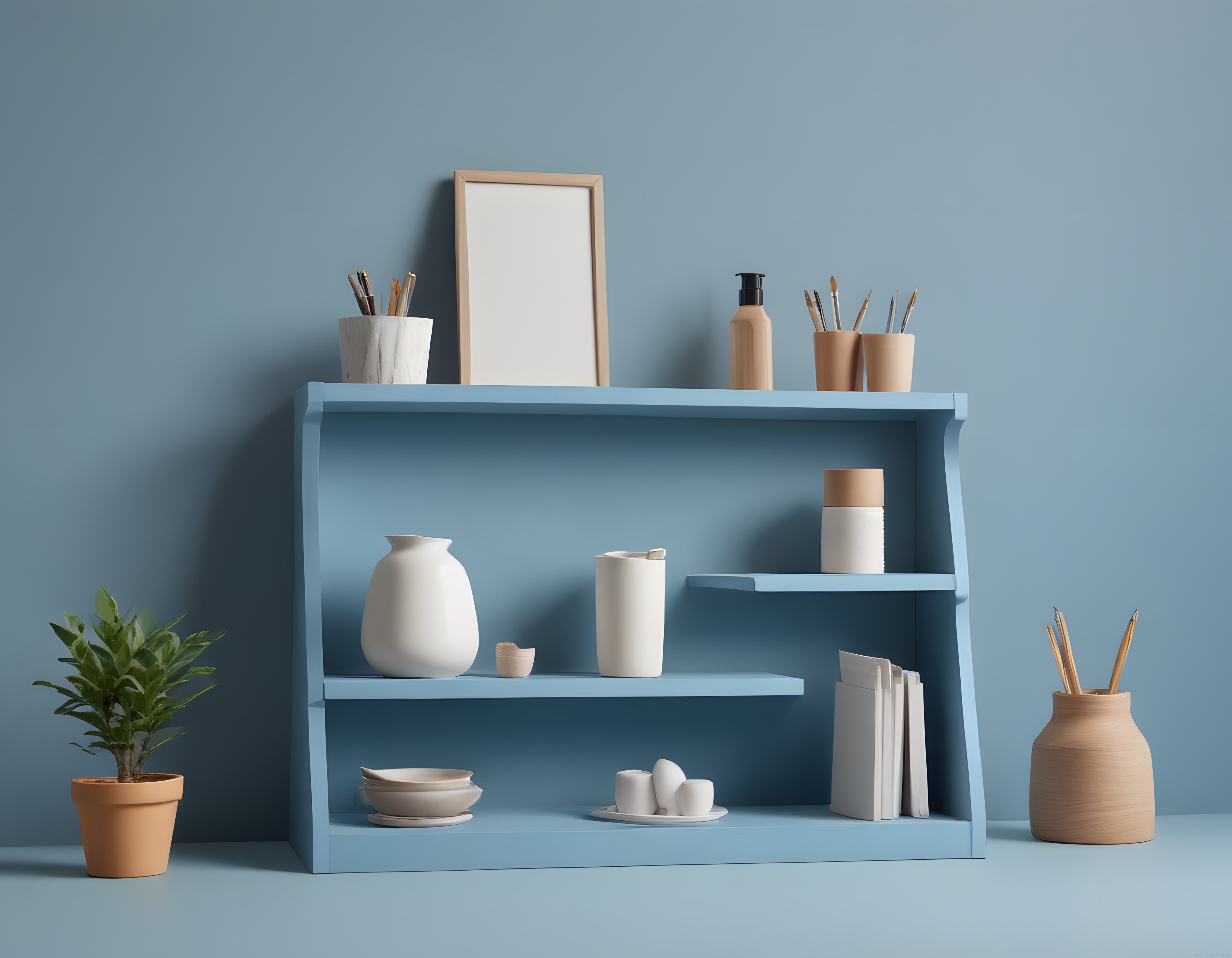 Pastel Mavi Duvar Önünde Minimalist Raf Düzenlemesi ve Seramik Obje Tasarımı