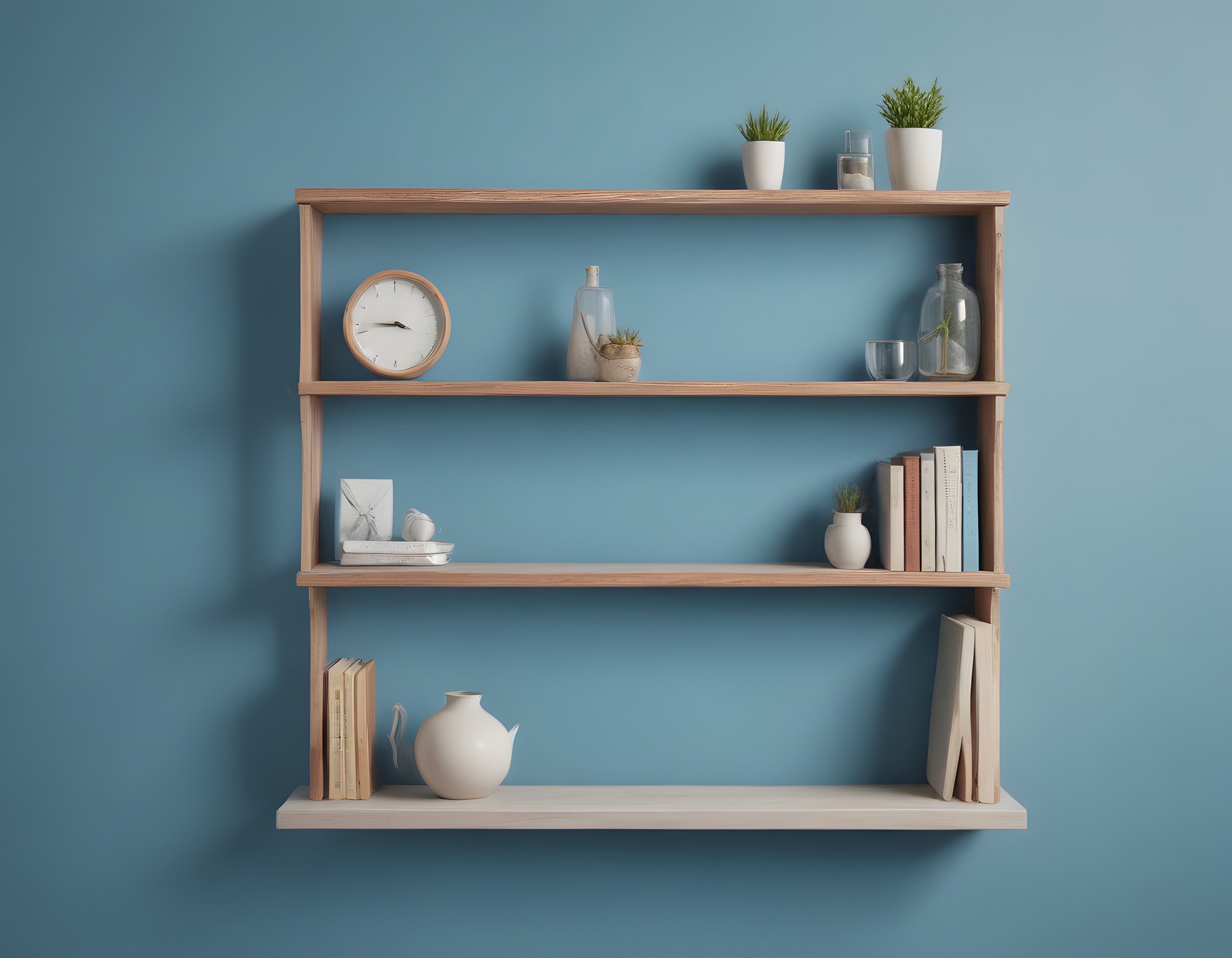 Pastel Mavi Duvar Üzerinde Minimalist Ahşap Kitaplık ve Dekoratif Obje Düzenlemesi