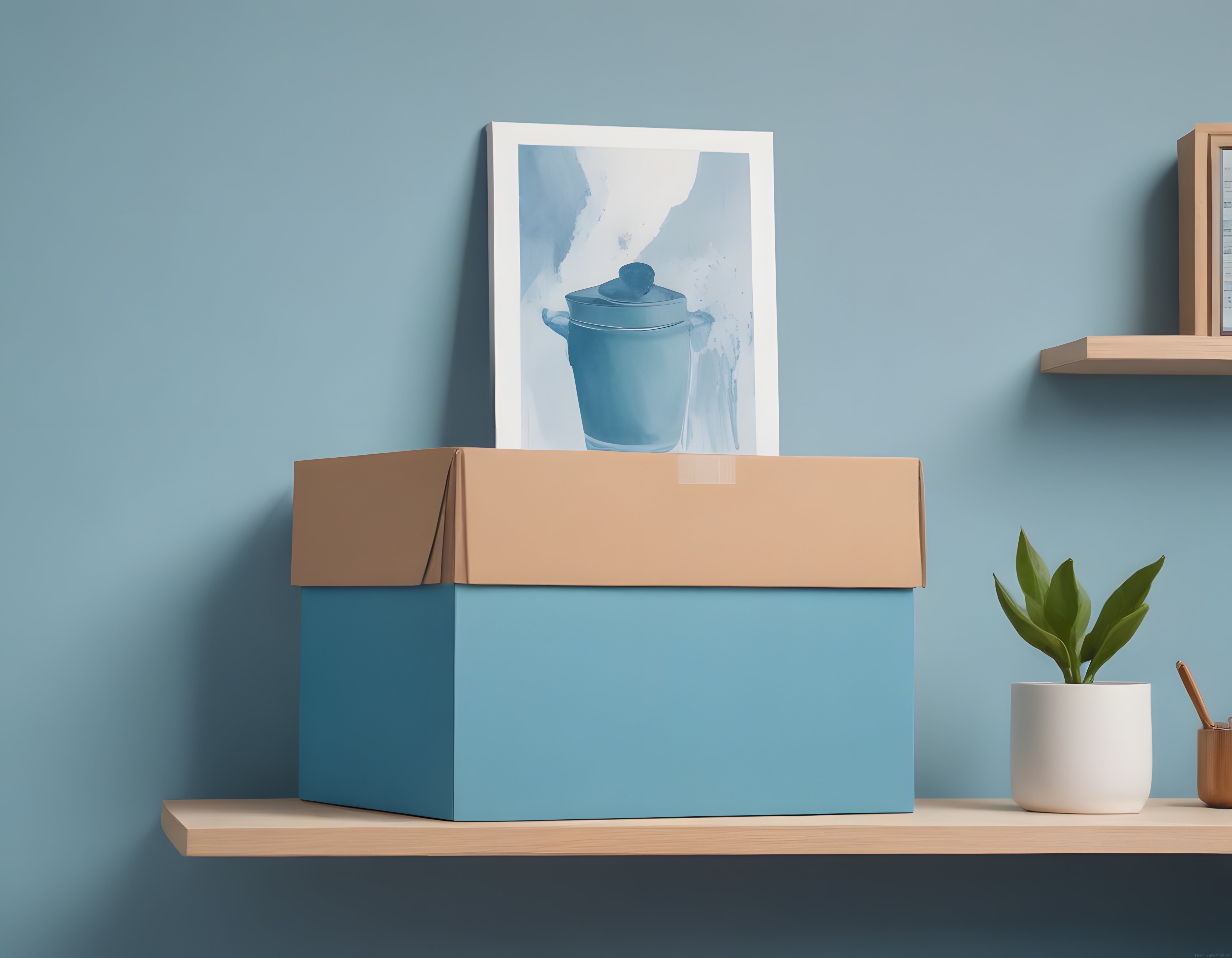 Pastel Mavi Duvarlı Odada Minimalist Dekor ve Saklama Kutusu