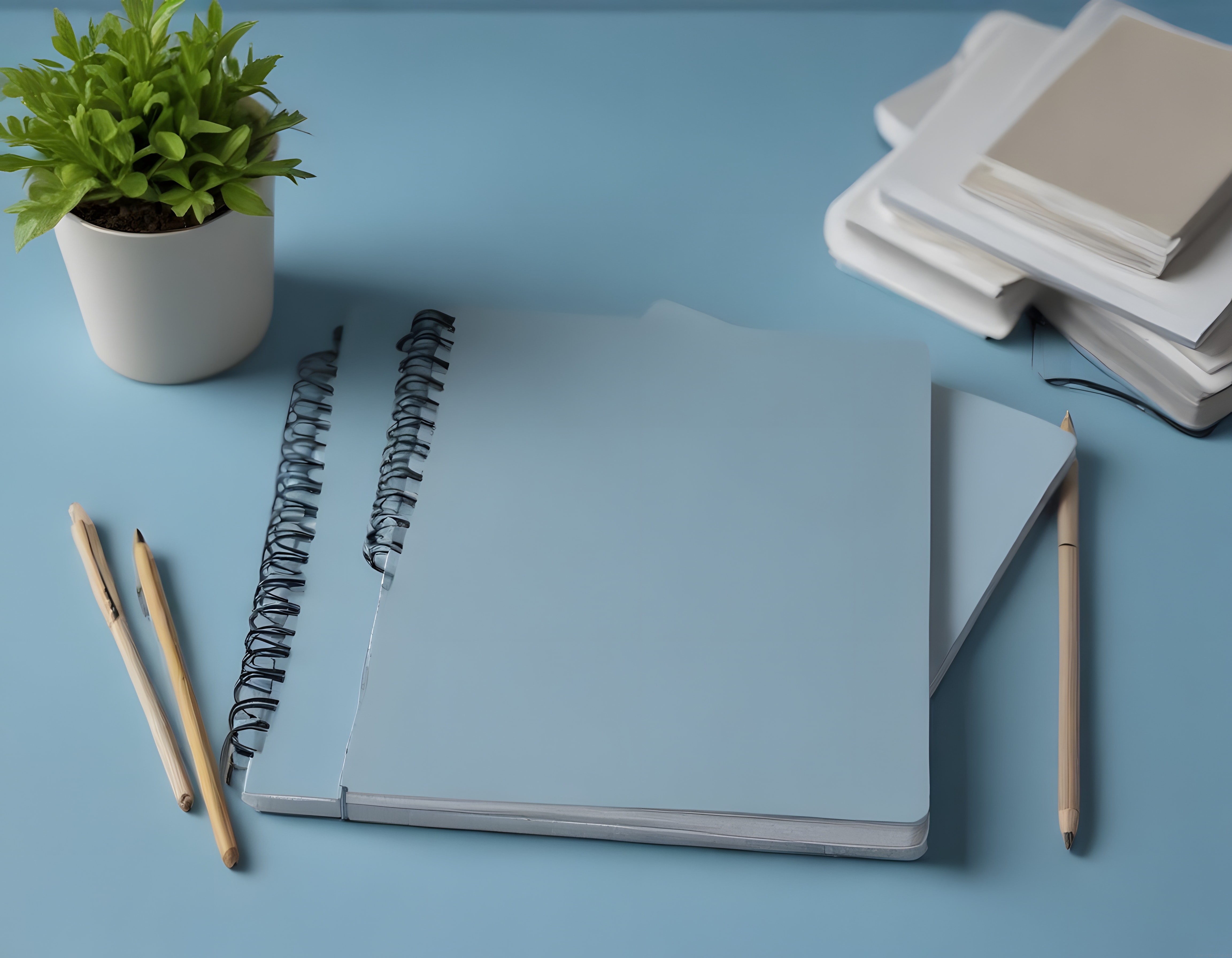 Pastel Mavi Fon Üzerinde Spiralli Defter ve Minimal Çalışma Alanı Düzeni