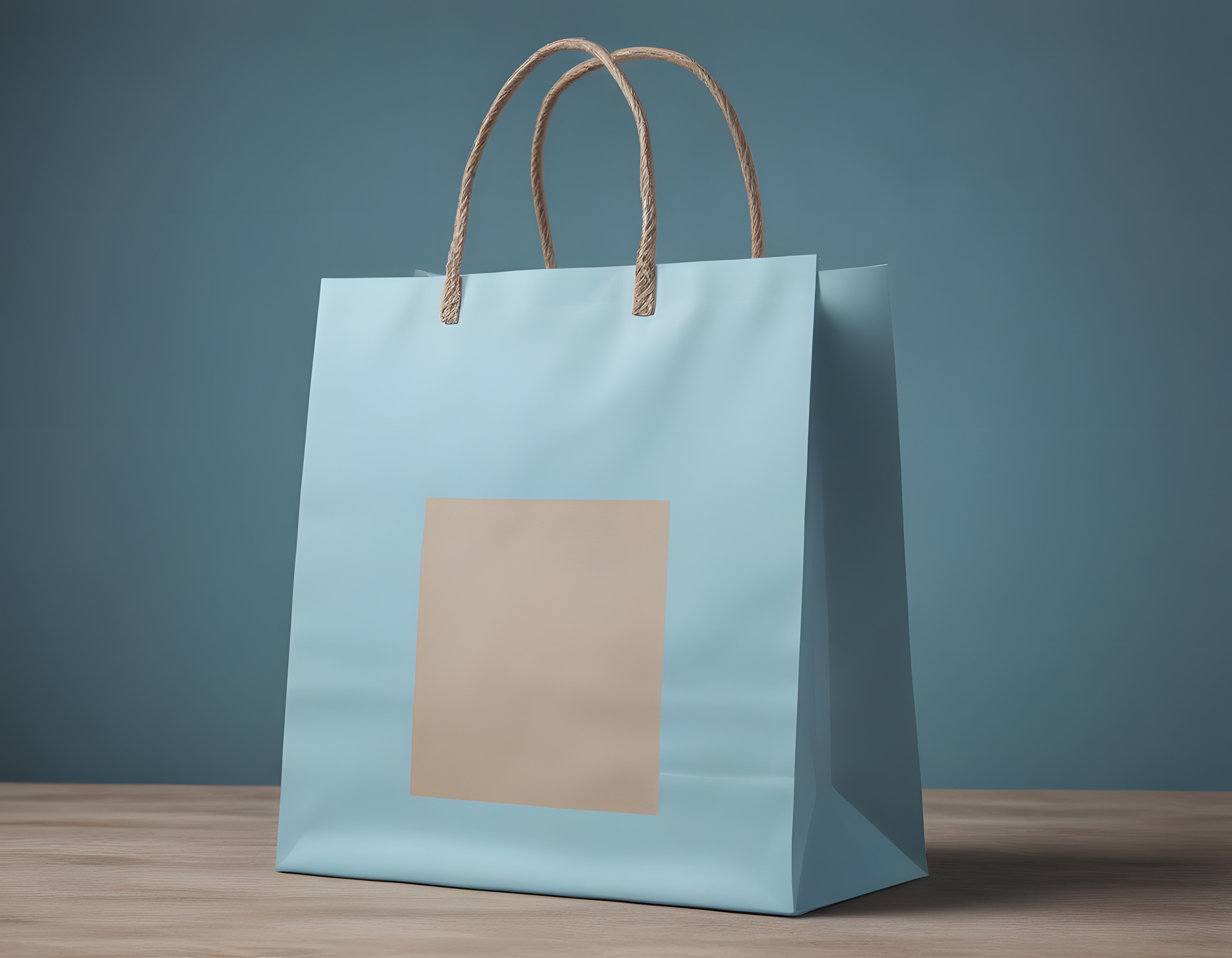 Pastel mavi kağıt poşet, halat saplı boş bej etiketli minimal ambalaj mockup