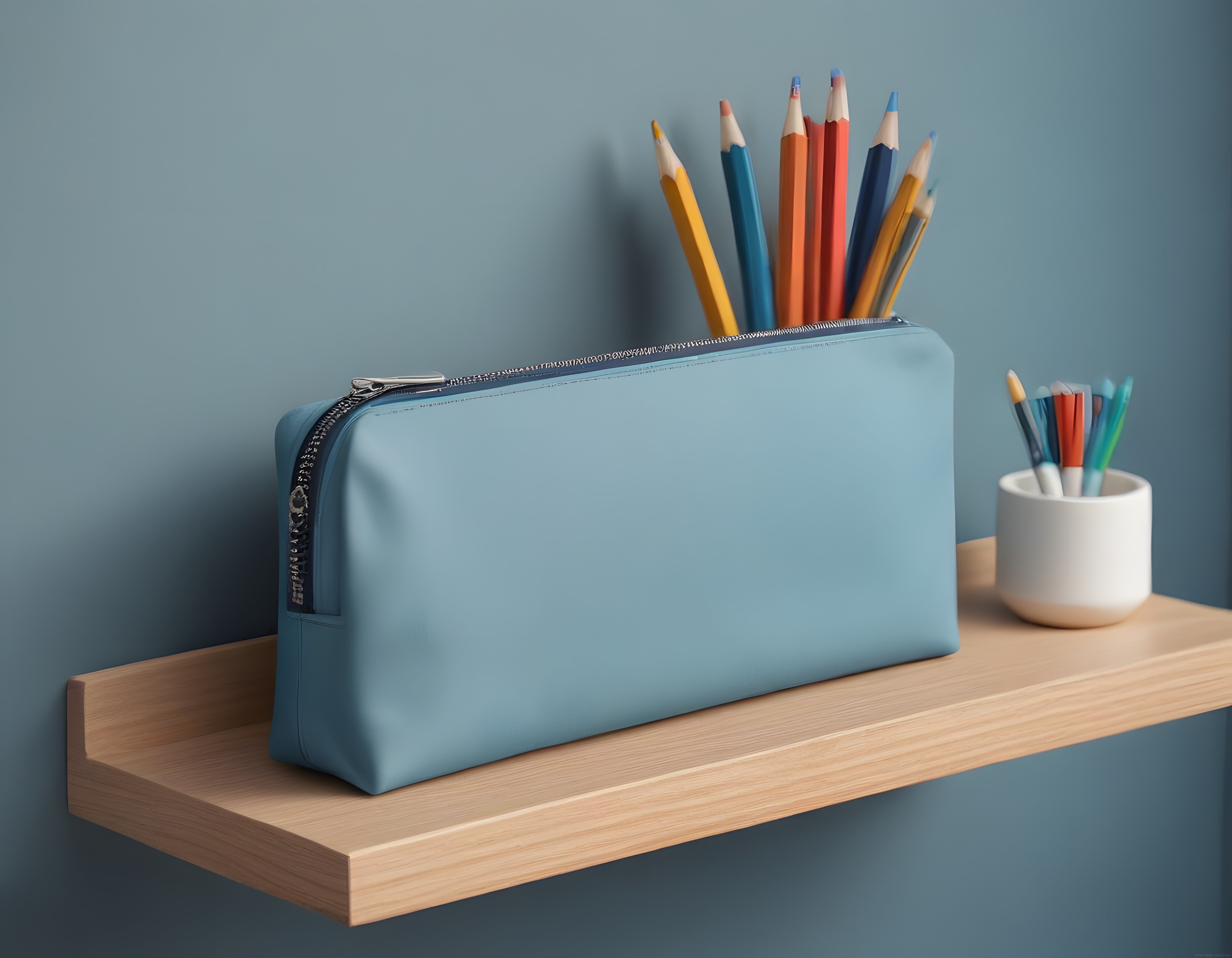 Pastel Mavi Kalem Kutusu ve Renkli Kalemlerle Minimalist Çalışma Alanı Düzeni