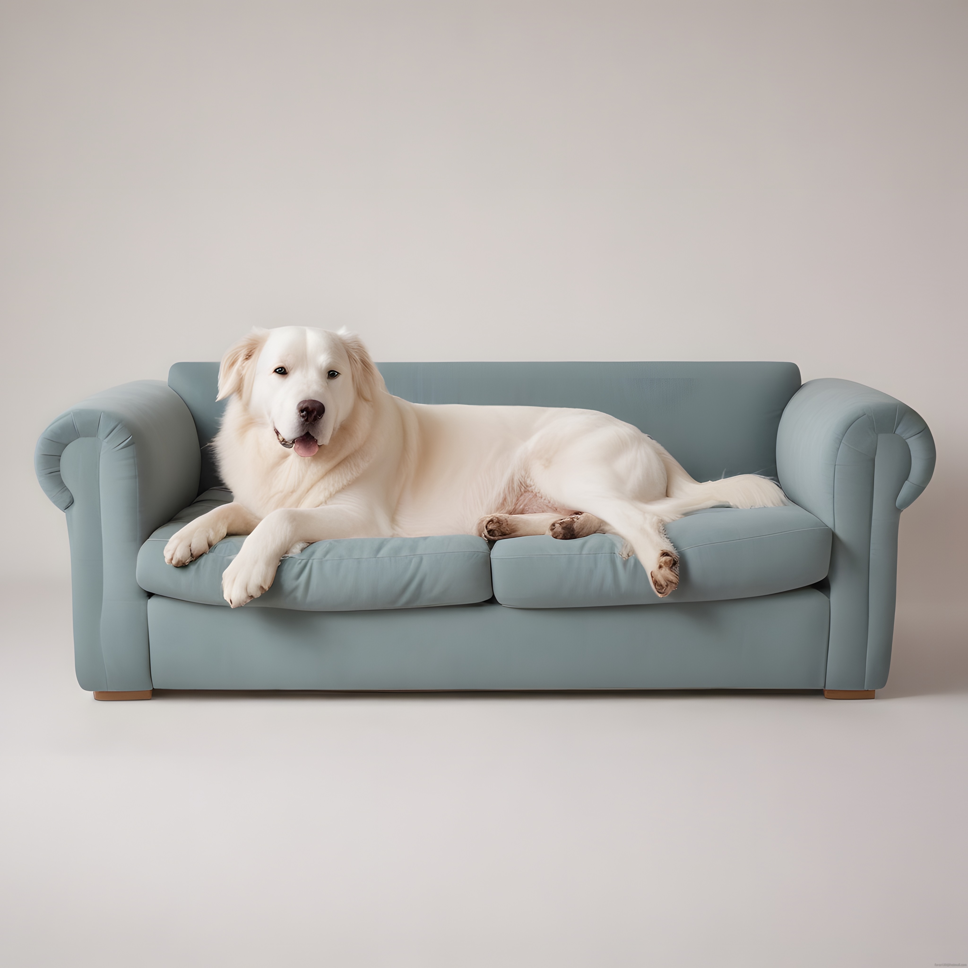 Pastel Mavi Kanepede Yatan Beyaz Golden Retriever Köpek Stüdyo Fotoğrafı