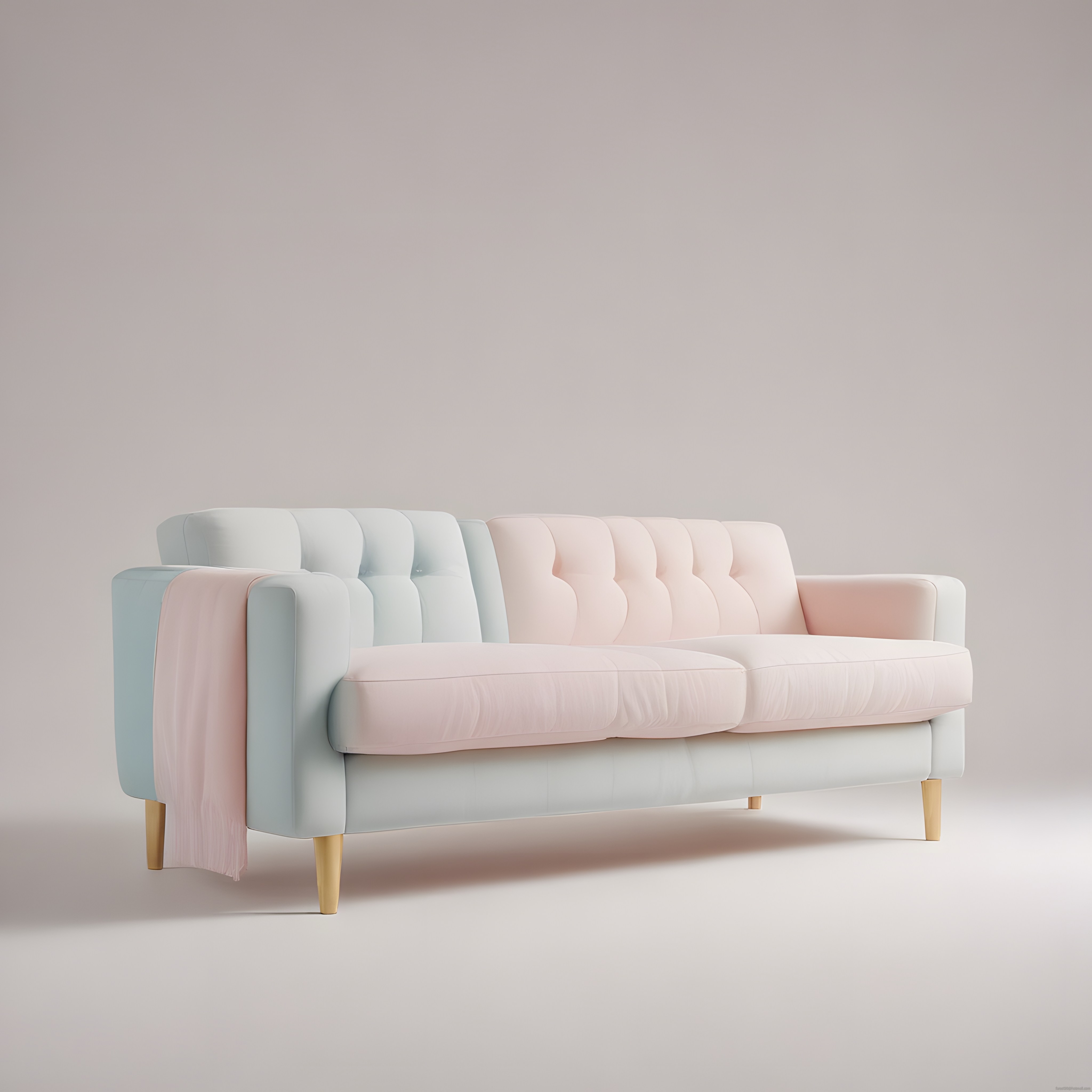 Pastel mavi kapitoneli kanepe ve pudra pembesi örtüyle modern salon dekorasyonu