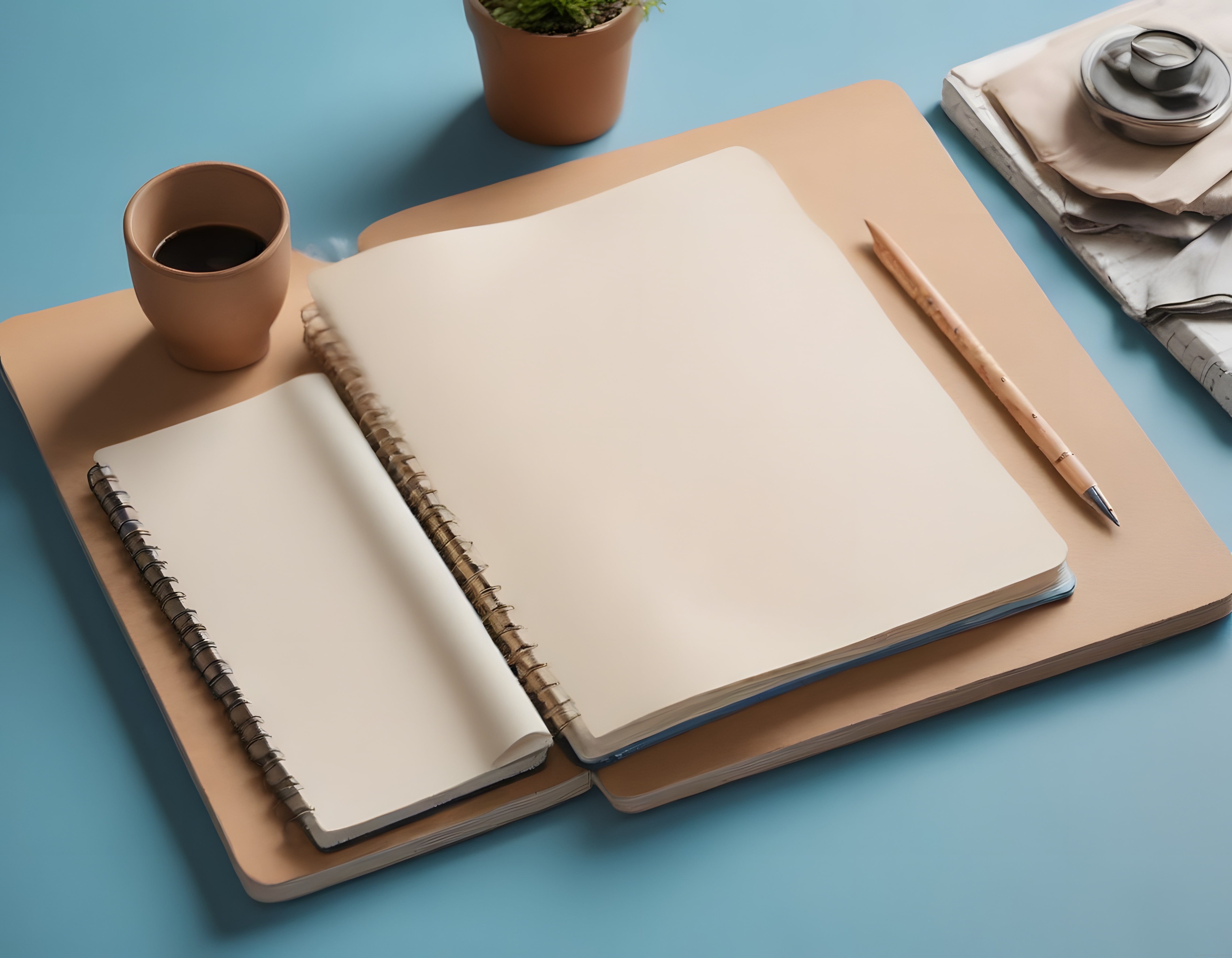 Pastel Mavi Masada Spiralli Defter ve Kahve: Yaratıcı Bir Çalışma Anı