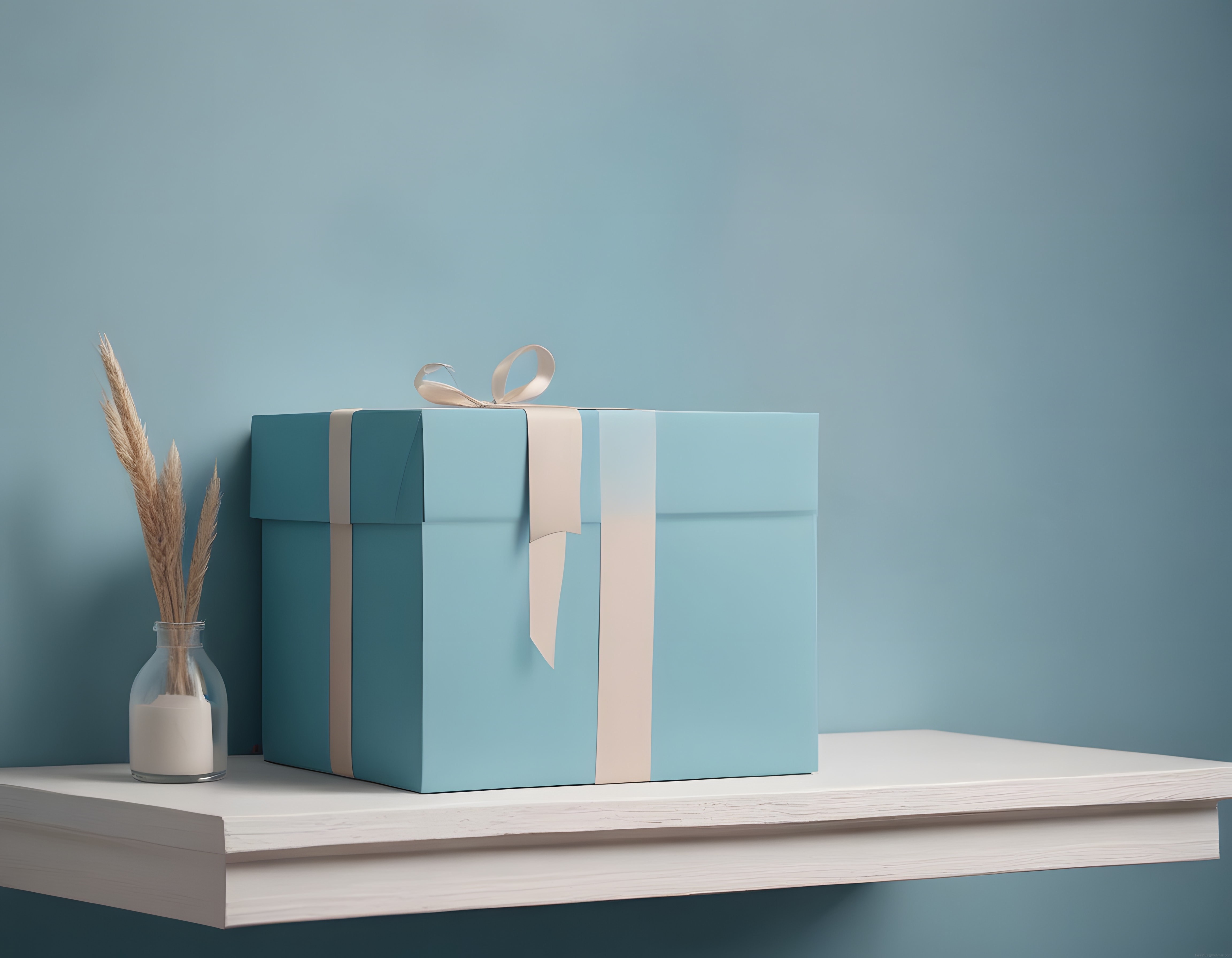 pastel mavi minimalist hediye kutusu ile kuru çiçekli sade dekorasyon